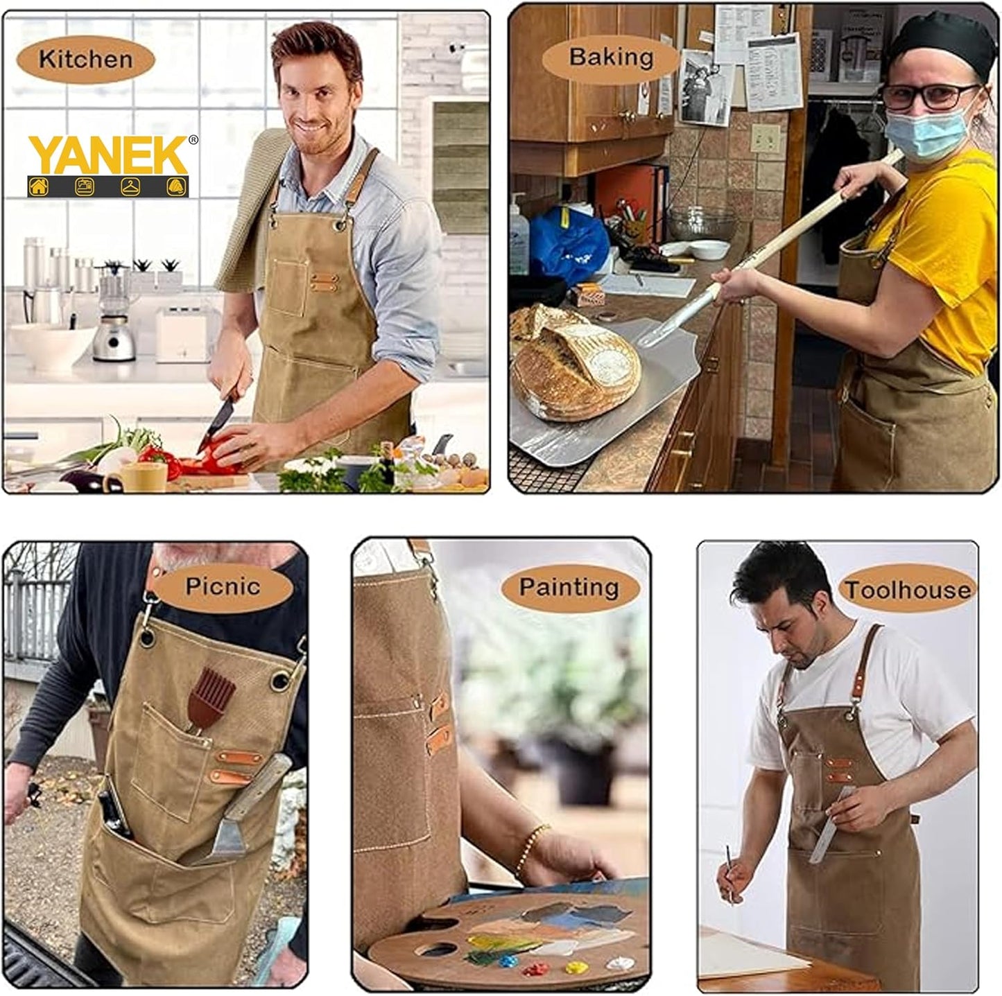 YANEK Chef Apron Cotton Canvas Cross Back Adjustable Apron with 3 Pockets Waterdrop Resistant | for Chef, Artist Painting, Baker, Barista, Bartender, Restaurant, BBQ Aprons for Unisex