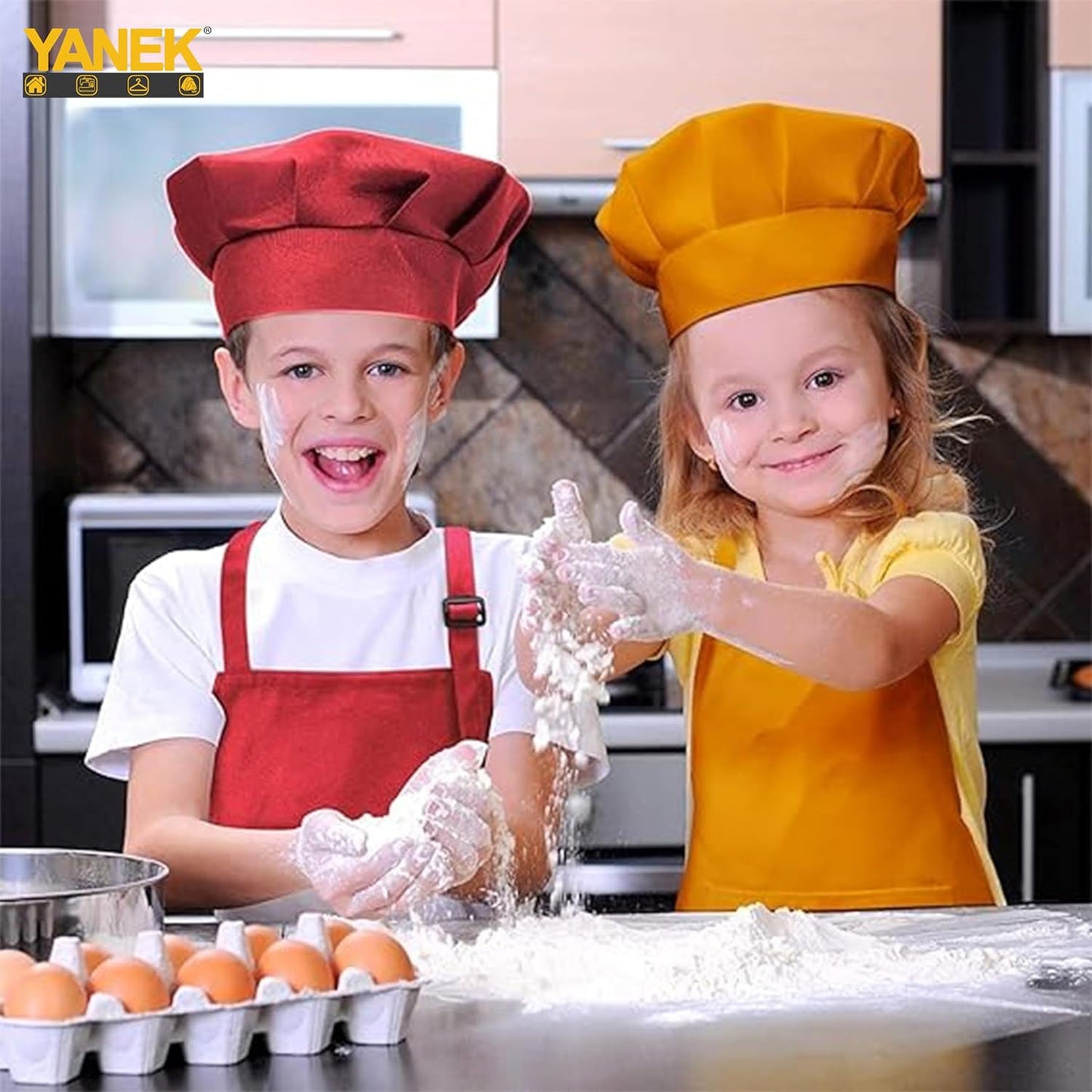 YANEK Kids Apron and Chef Hat Cooking Set, Adjustable Children Kitchen Chef Apron with 2 Pocket & Chef hat | Chef costume for kids, kids apron for painting set, Baking, Cooking (5-12 years)