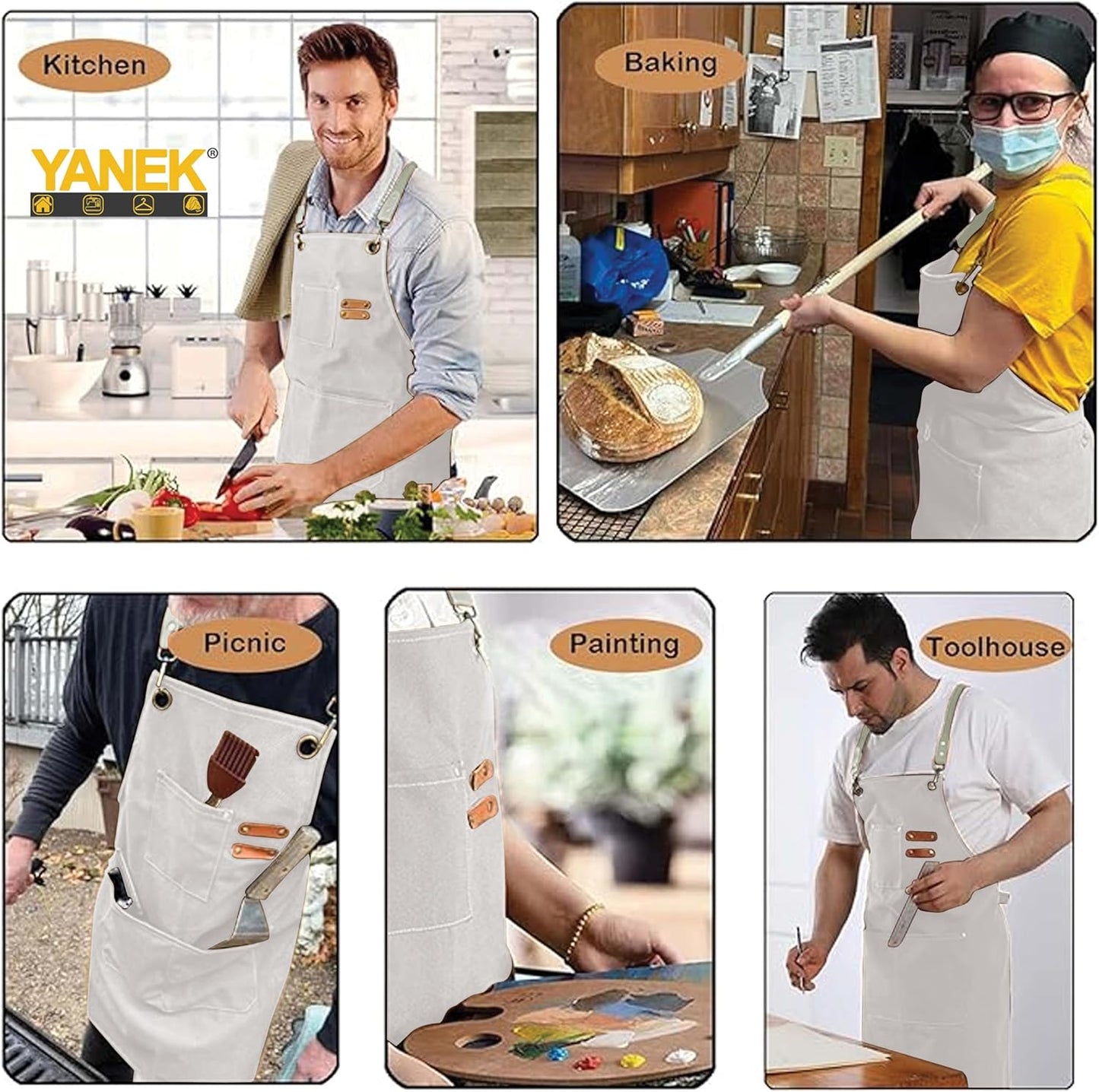 YANEK Chef Apron Cotton Canvas Cross Back Adjustable Apron with 3 Pockets Waterdrop Resistant | for Chef, Artist Painting, Baker, Barista, Bartender, Restaurant, BBQ Aprons for Unisex