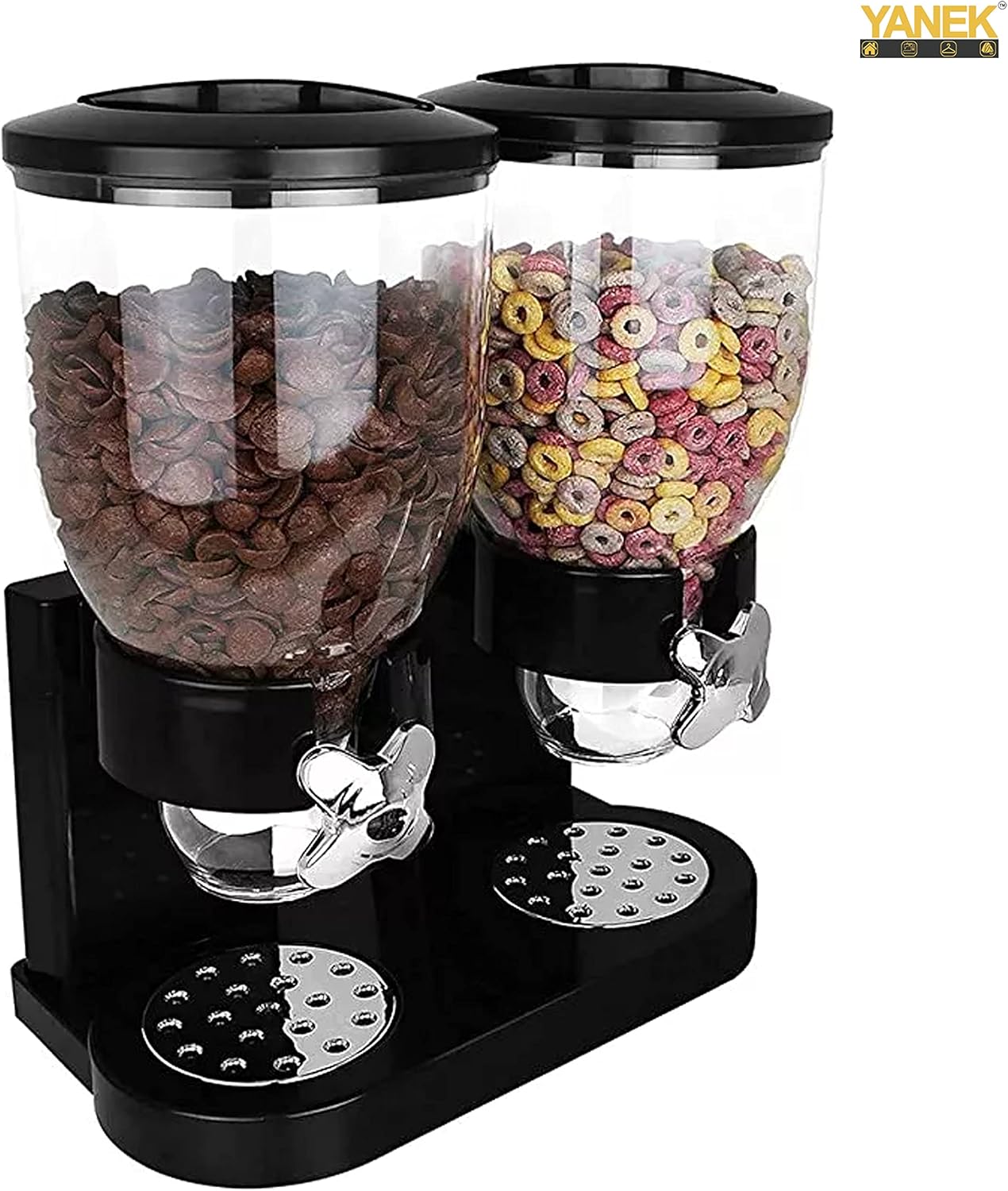 YANEK Dual Cereal Dispenser | Double Snack Storage Containers | BPA Free Plastic | Rice, Grains, Candy, Corn Flakes, Muesli Container | 2Ltr. Capacity in each Jar