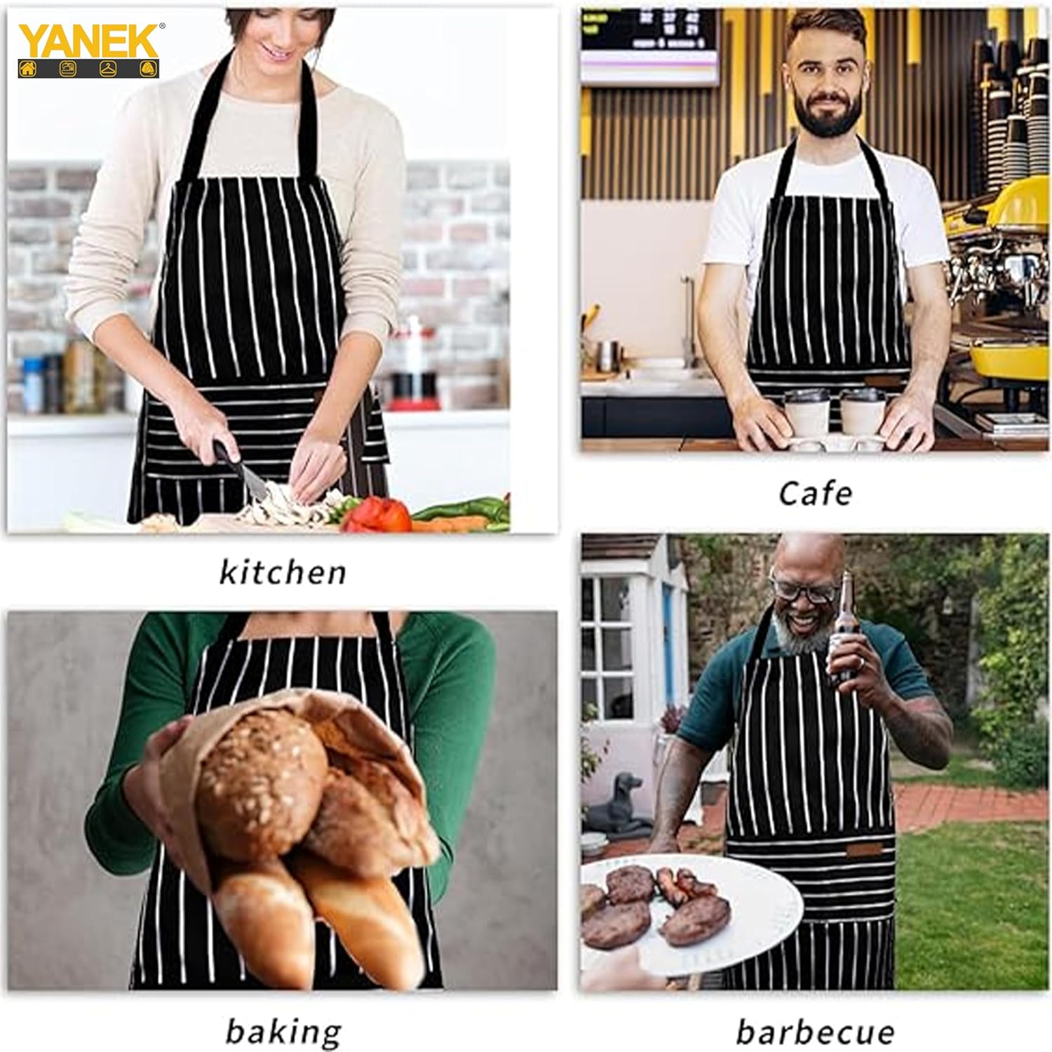 YANEK 2 Pack Kitchen Cooking Aprons for Men Women with 2 Pocket Adjustable Stripe Apron for Home Kitchen, BBQ Restaurant, Chef Apron, Cooking Apron, Baking Gardening