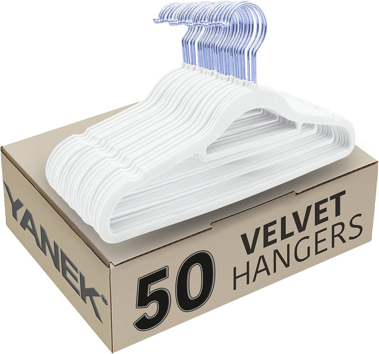 YANEK Non-Slip Velvet Hangers | Ultra Thin | Heavy Duty | 360° Rotating Hook | For Suit, Dress, Shirts (White, 50)