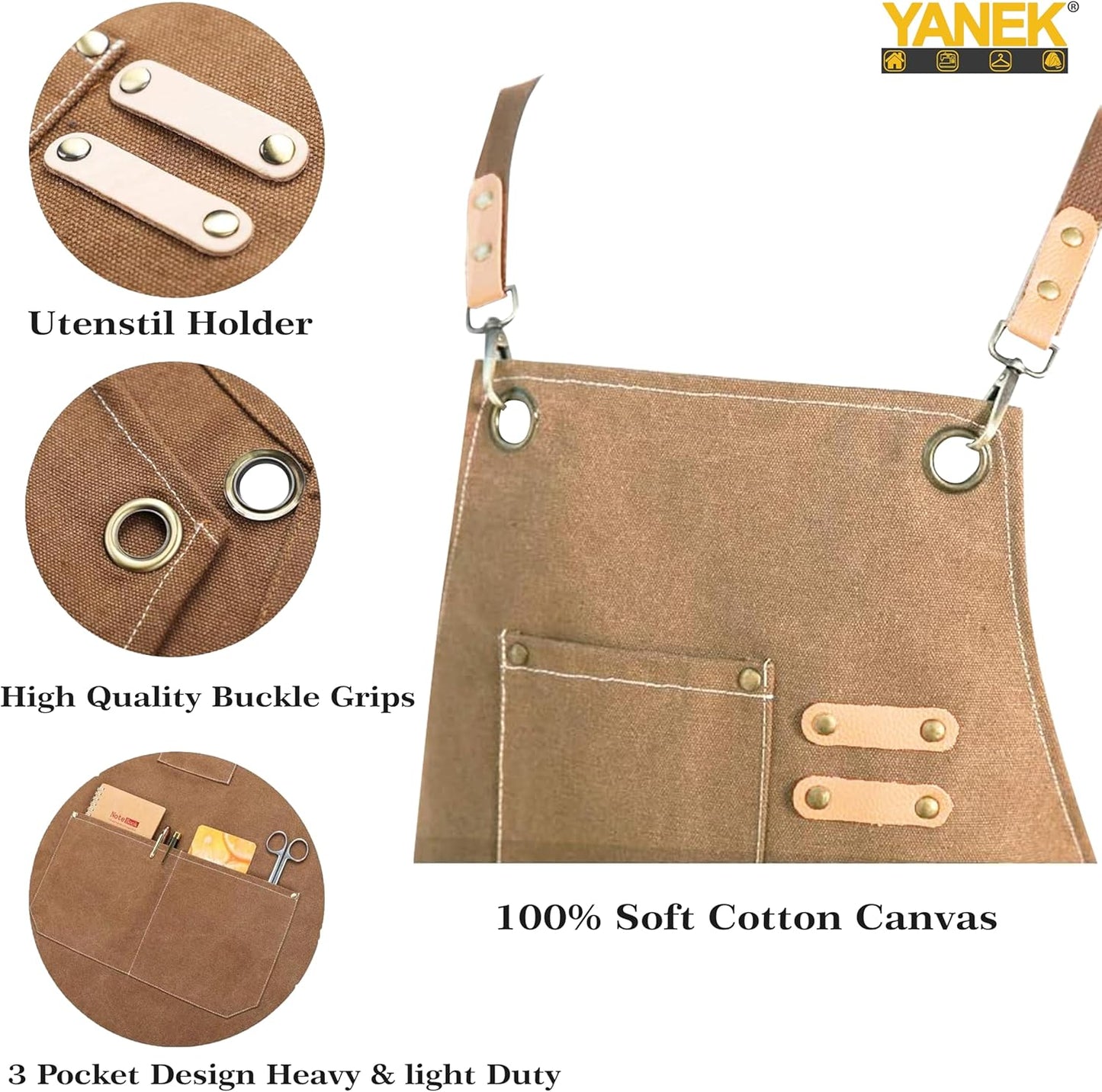 YANEK Chef Apron Cotton Canvas Cross Back Adjustable Apron with 3 Pockets Waterdrop Resistant | for Chef, Artist Painting, Baker, Barista, Bartender, Restaurant, BBQ Aprons for Unisex