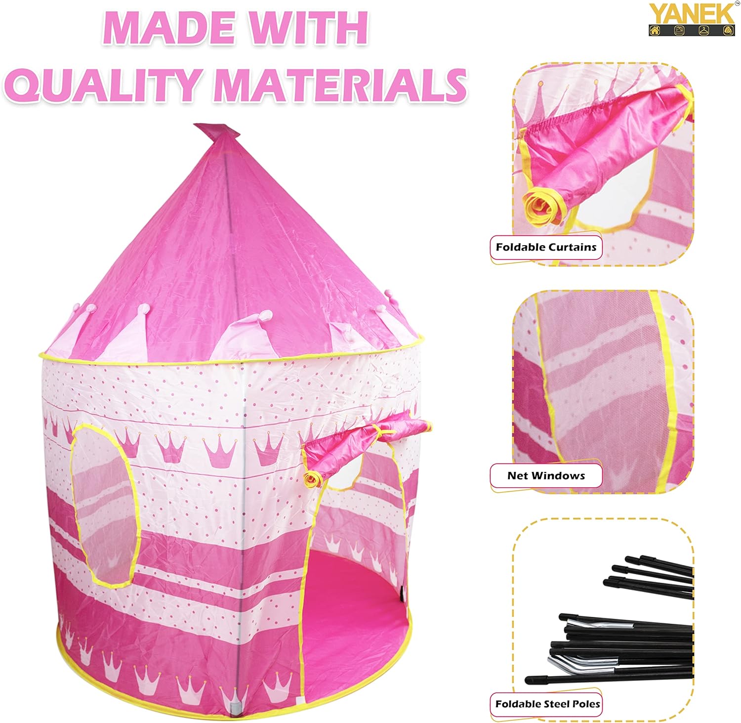 YANEK Kids Play Tent | Foldable Castle Playhouse | For Boys and Girls | For Indoor Games and Outdoor Camping | With Portable Carry Bag (Pink)