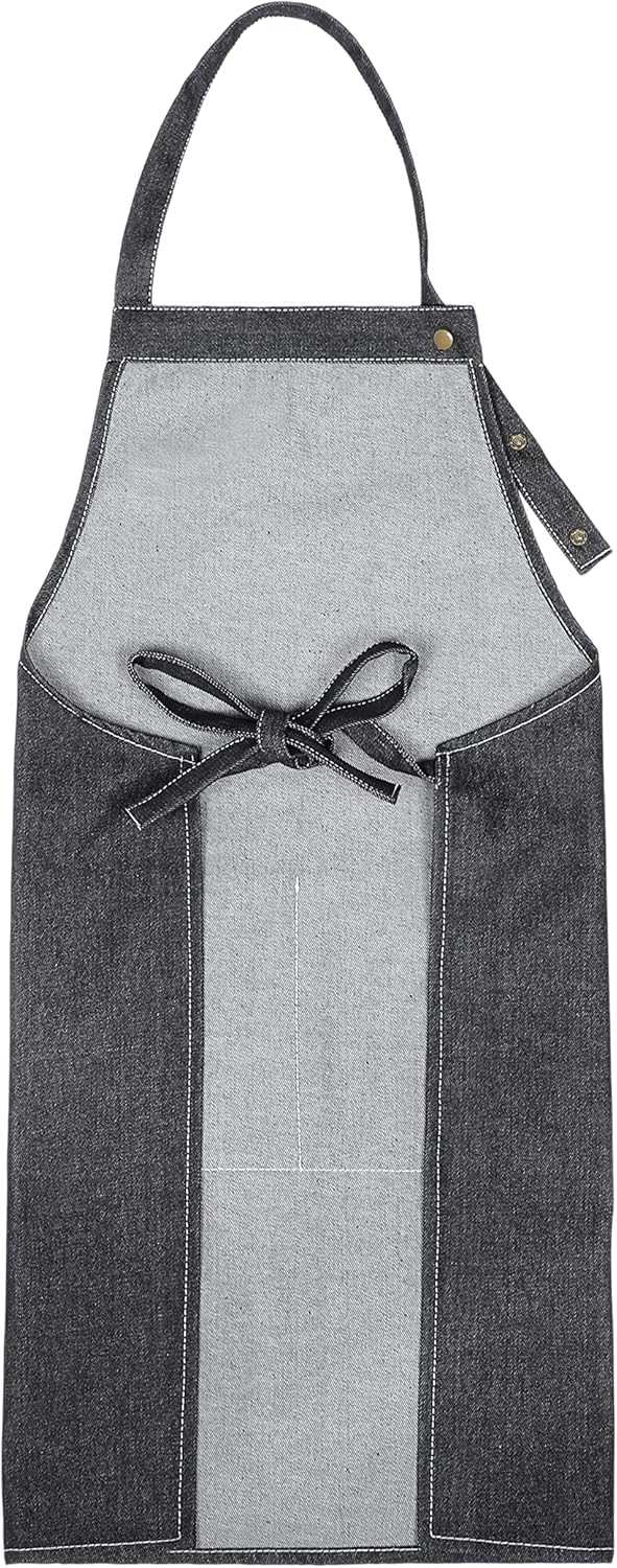 YANEK Unisex Denim Long Chef Apron with Pockets | Barista Cotton Apron for Home, Kitchen, BBQ, Coffee Shop | Three Pockets, Adjustable Straps with Rivets