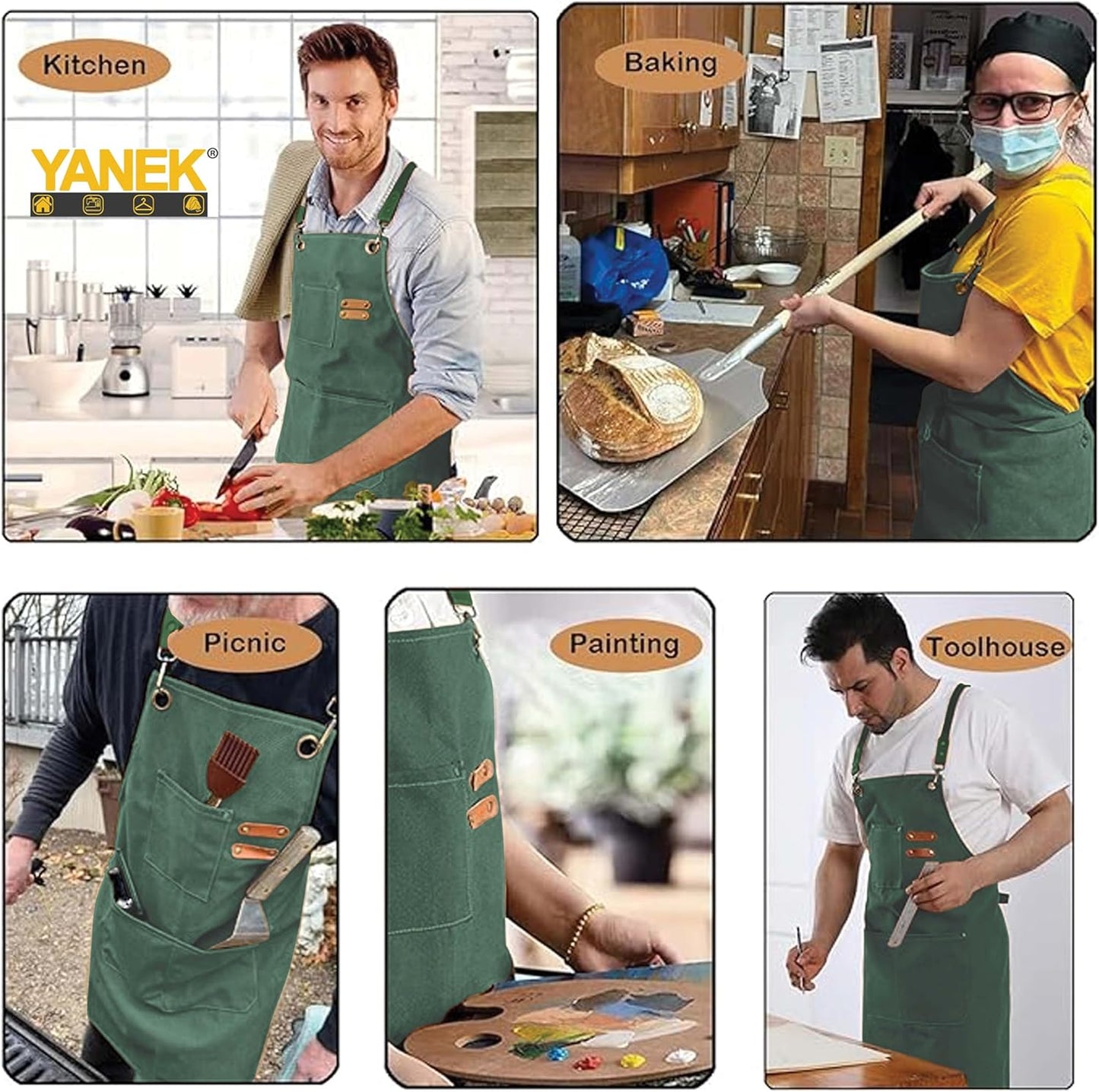 YANEK Chef Apron Cotton Canvas Cross Back Adjustable Apron with 3 Pockets Waterdrop Resistant | for Chef, Artist Painting, Baker, Barista, Bartender, Restaurant, BBQ Aprons for Unisex