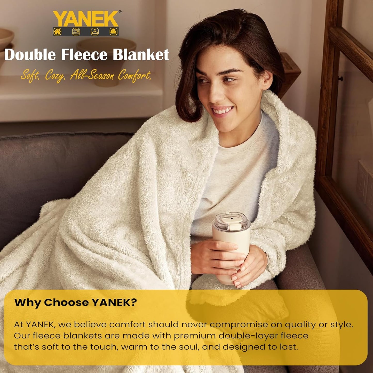 Yanek Ultra-Soft Double Micro Fleece Flannel Blanket – 260 GSM Premium Quality, Super Plush, Warm & Cozy All-Season Throw Blanket for Bed or Couch,Generous Size 200 x 220 cm (BROWN)