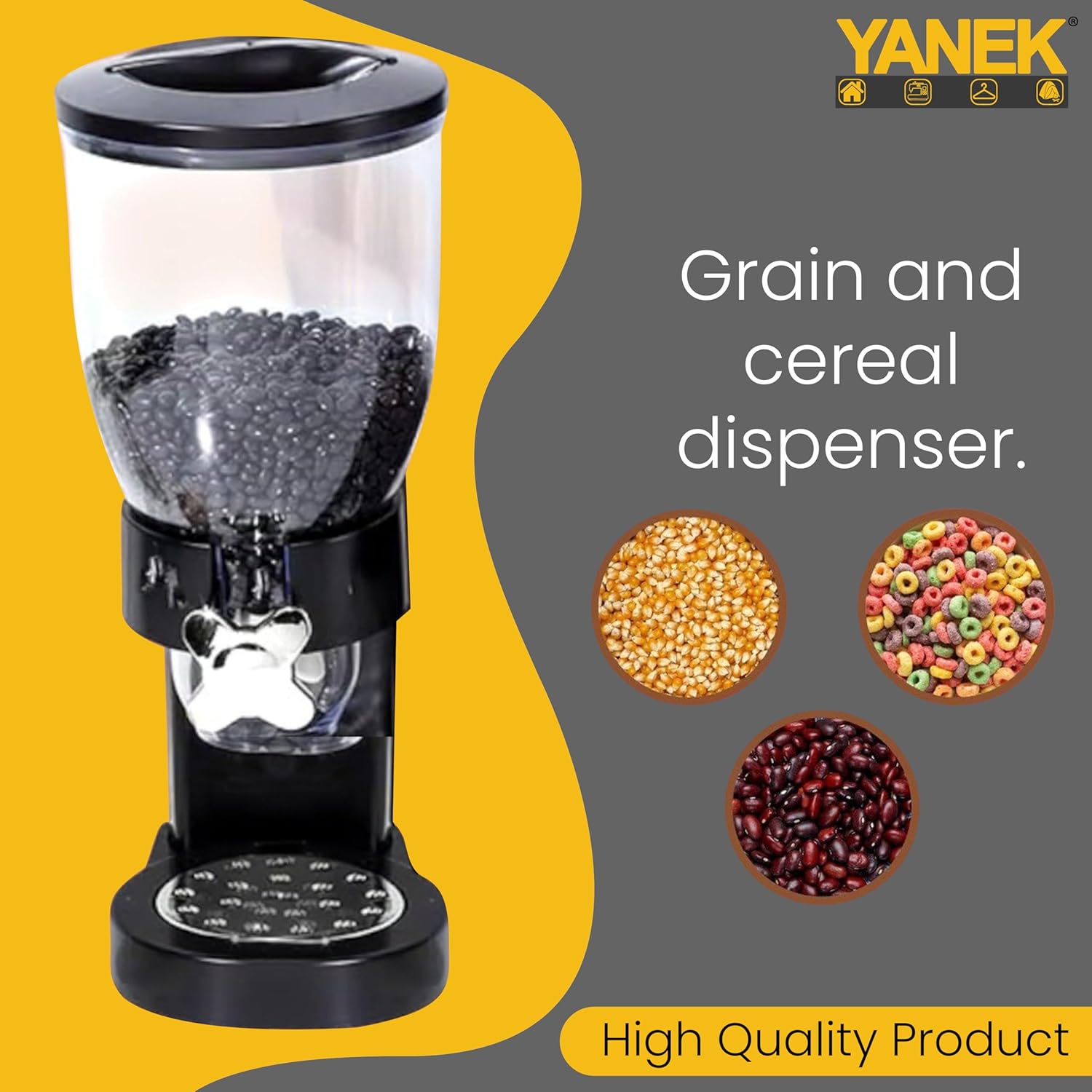 Yanek Cereal Dispenser - Airtight, Dual Compartment Food Storage Dispenser for Cereal, Granola, Snacks, and Dry Goods - Convenient and Durable Kitchen Organizer with Easy-Pour Spouts 2 Liters (Black)