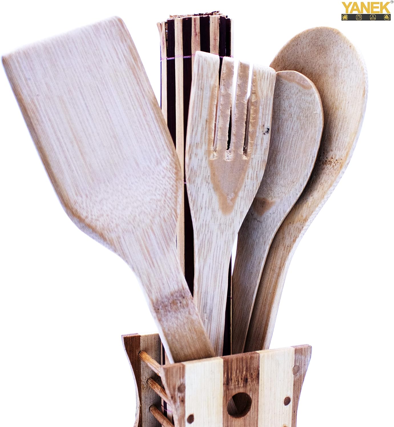 YANEK Bamboo Wooden Cutlery Set | 5 Piece Set with 1 Stand | Wooden Kitchen Utensils | Spoon, Spatula, Slotted Spoon, Turner & Mat