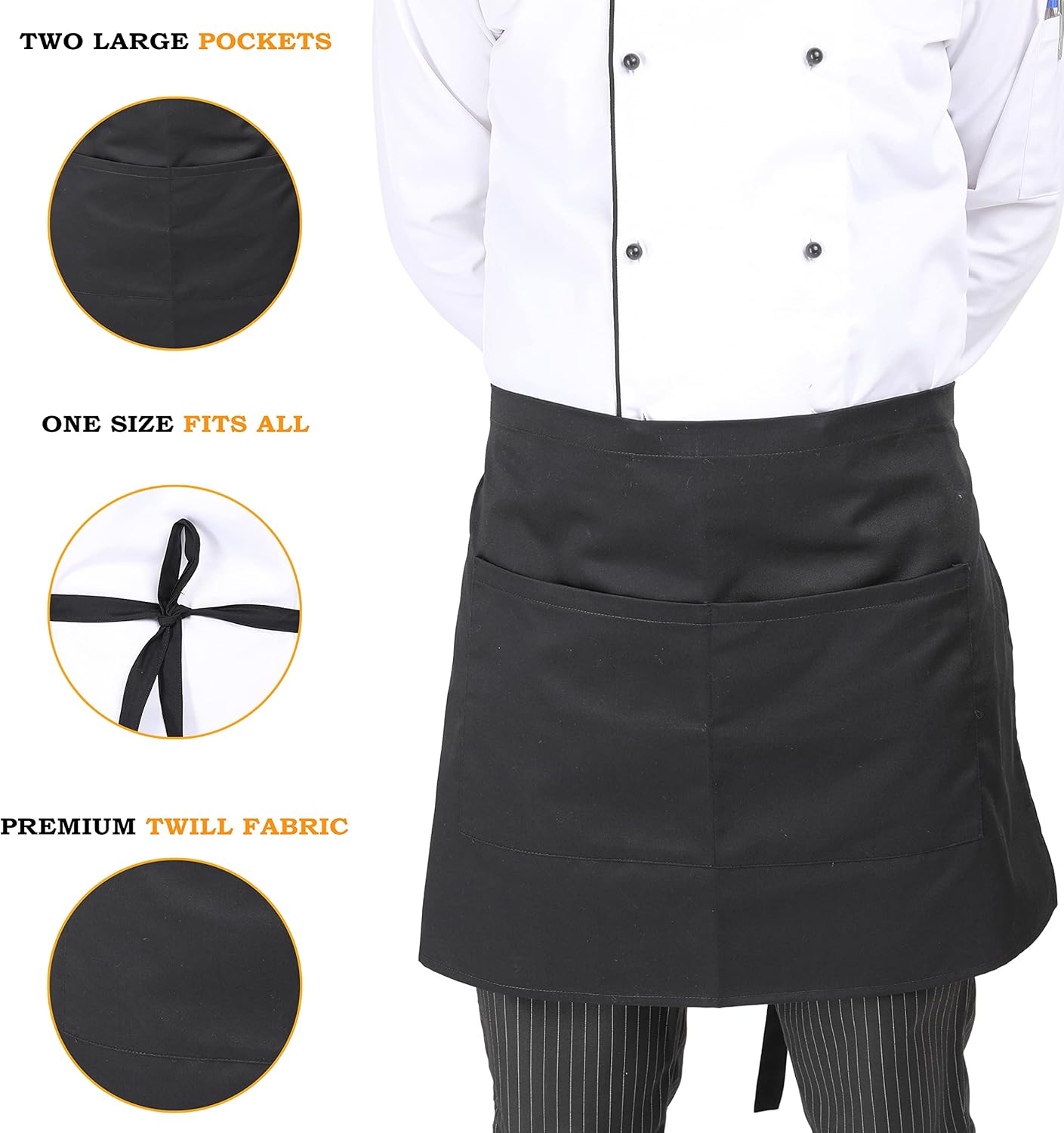 YANEK Kitchen Short Apron | Unisex | Chef Kitchen Adjustable Bib Apron with Pockets & Adjustable Tie Rope | For Home, Restaurant, Café, Hotel, Bakery, Salon