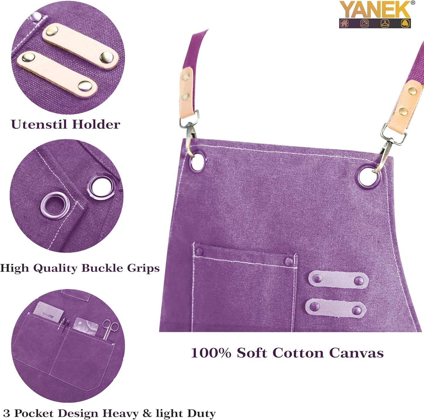 YANEK Chef Apron Cotton Canvas Cross Back Adjustable Apron with 3 Pockets Waterdrop Resistant | for Chef, Artist Painting, Baker, Barista, Bartender, Restaurant, BBQ Aprons for Unisex