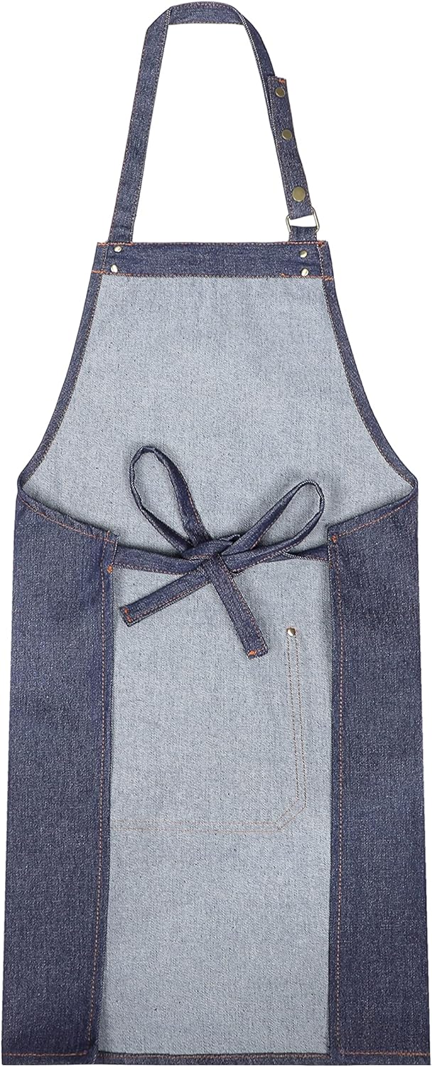 YANEK Unisex Denim Long Chef Apron with Pockets | Barista Cotton Apron for Home, Kitchen, BBQ, Coffee Shop | Three Pockets, Adjustable Straps with Rivets