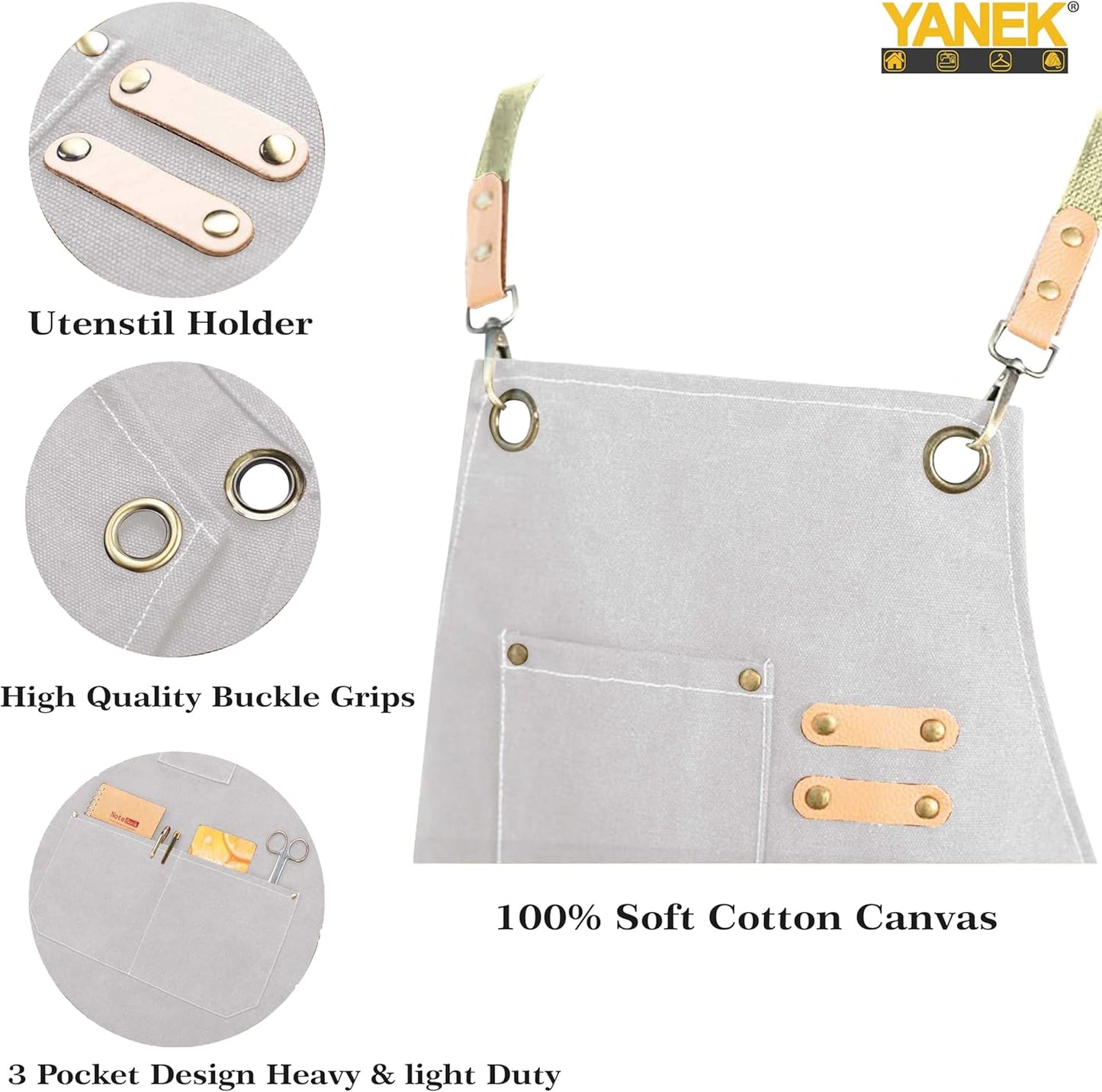 YANEK Chef Apron Cotton Canvas Cross Back Adjustable Apron with 3 Pockets Waterdrop Resistant | for Chef, Artist Painting, Baker, Barista, Bartender, Restaurant, BBQ Aprons for Unisex