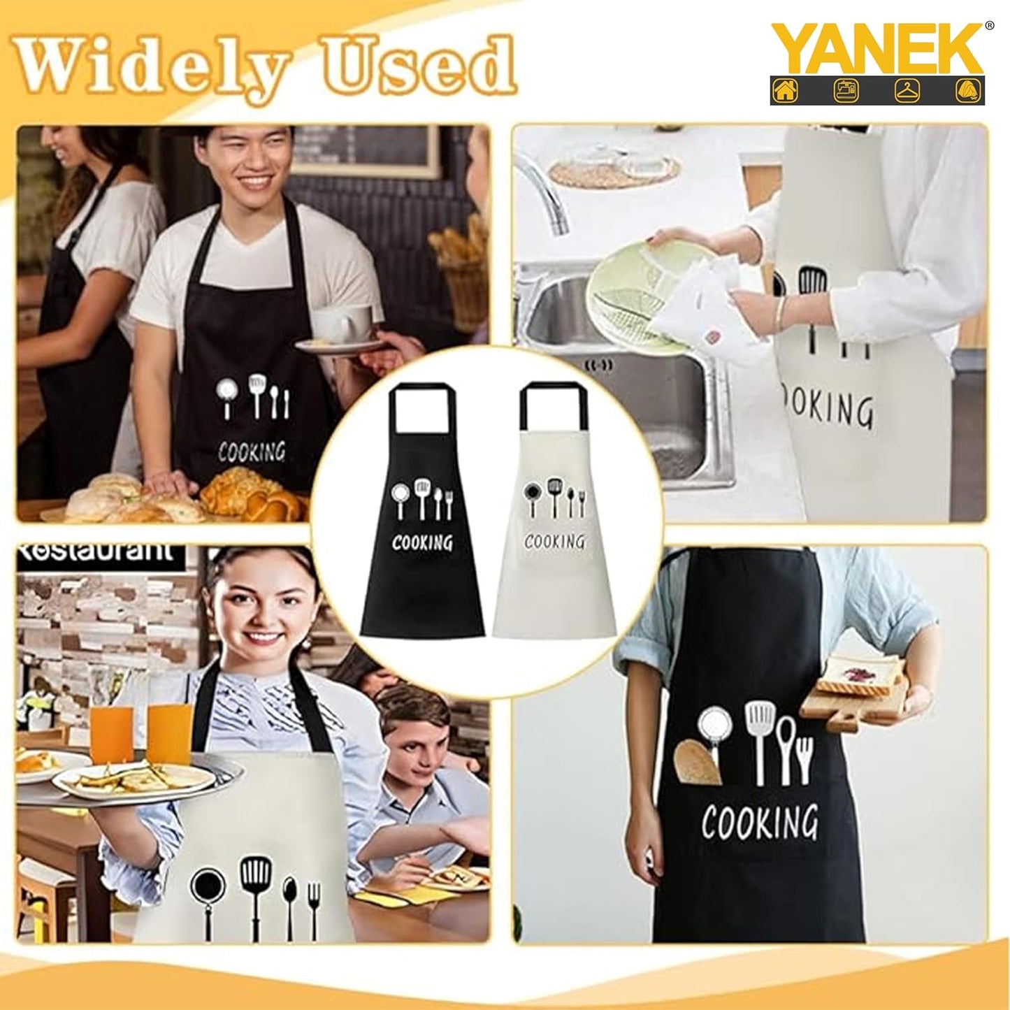 Yanek 2-Pack Adjustable Kitchen Aprons with Pockets – Waterproof, Oil-Proof Chef Bib Aprons with Adjustable Neck Strap, Perfect for Cooking, Baking, Grilling, and Household Use (White, Black)