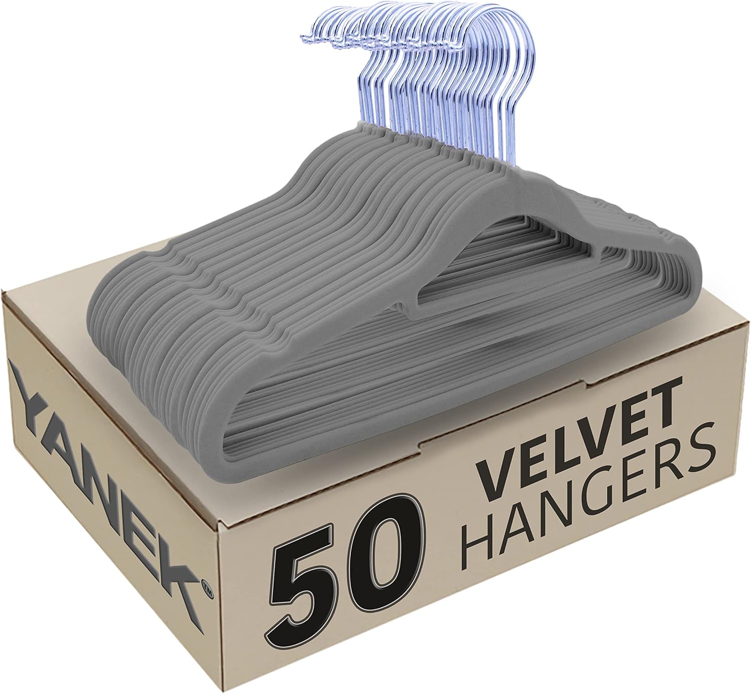 YANEK Non-Slip Velvet Hangers | Ultra Thin | Heavy Duty | 360° Rotating Hook | For Suit, Dress, Shirts (White, 50)