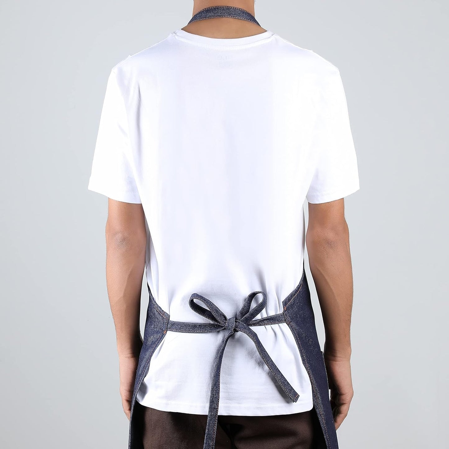 YANEK Unisex Denim Long Chef Apron with Pockets | Barista Cotton Apron for Home, Kitchen, BBQ, Coffee Shop | Three Pockets, Adjustable Straps with Rivets