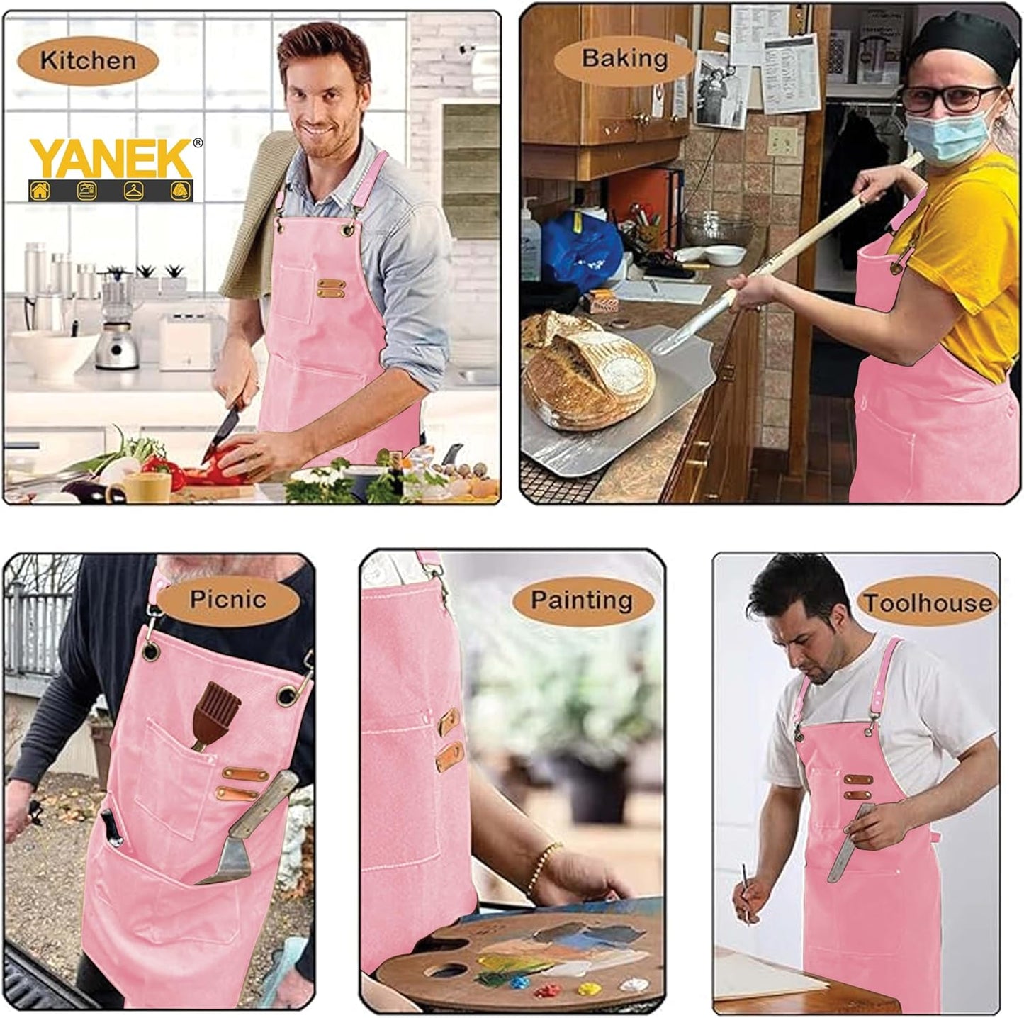 YANEK Chef Apron Cotton Canvas Cross Back Adjustable Apron with 3 Pockets Waterdrop Resistant | for Chef, Artist Painting, Baker, Barista, Bartender, Restaurant, BBQ Aprons for Unisex