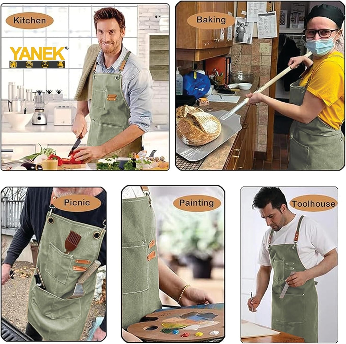 YANEK Chef Apron Cotton Canvas Cross Back Adjustable Apron with 3 Pockets Waterdrop Resistant | for Chef, Artist Painting, Baker, Barista, Bartender, Restaurant, BBQ Aprons for Unisex