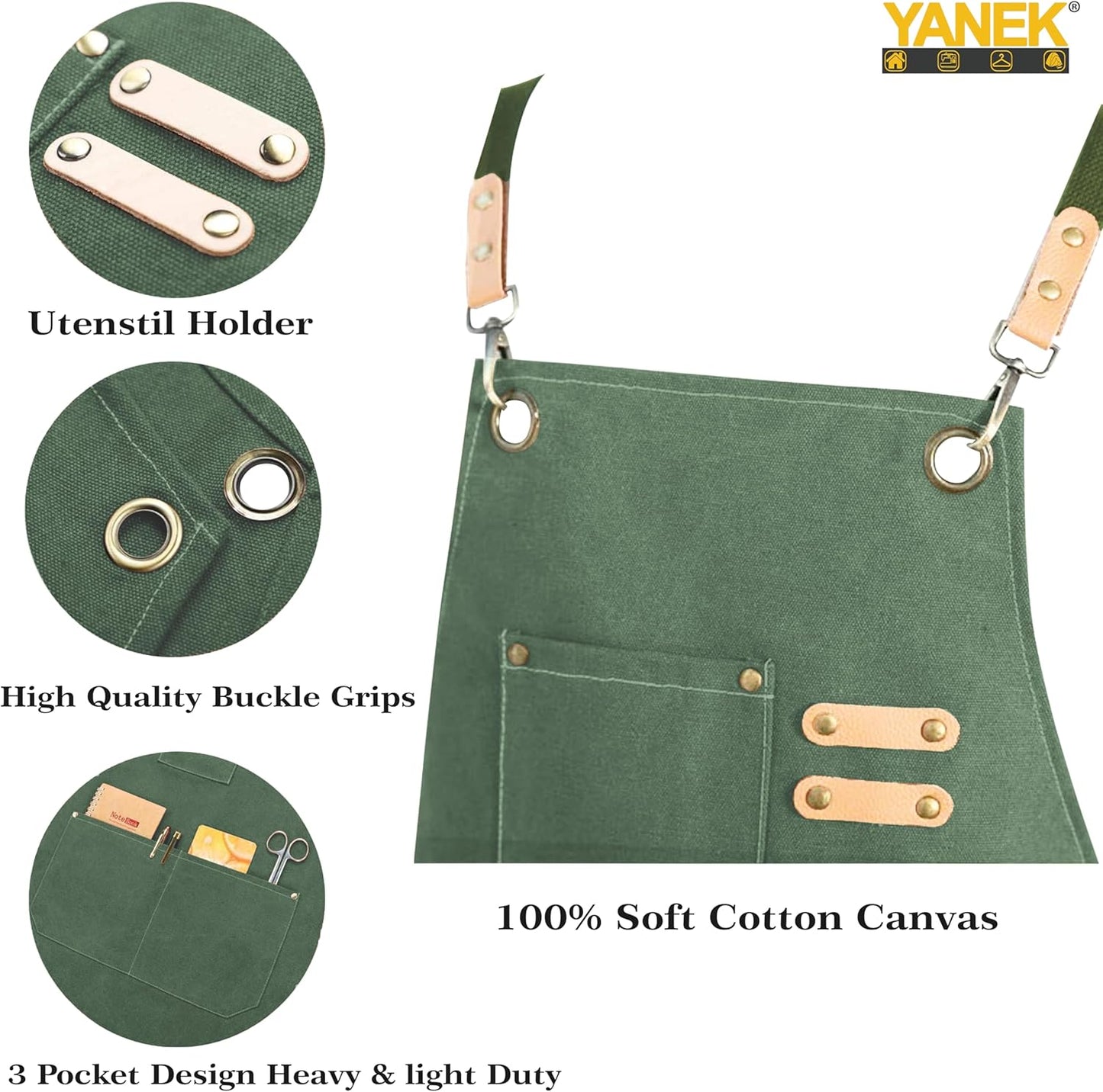 YANEK Chef Apron Cotton Canvas Cross Back Adjustable Apron with 3 Pockets Waterdrop Resistant | for Chef, Artist Painting, Baker, Barista, Bartender, Restaurant, BBQ Aprons for Unisex