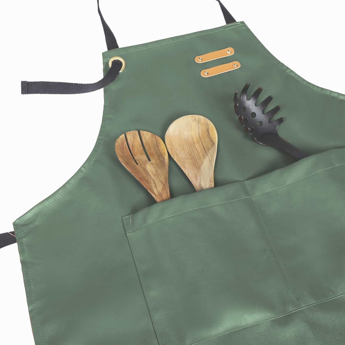 YANEK Unisex Waterproof Leather Chef Apron with Pockets | Leather Apron – Professional Heavy-duty for Home, Kitchen, BBQ, Coffee Shop | 2 Pockets, Adjustable Strap (Green)
