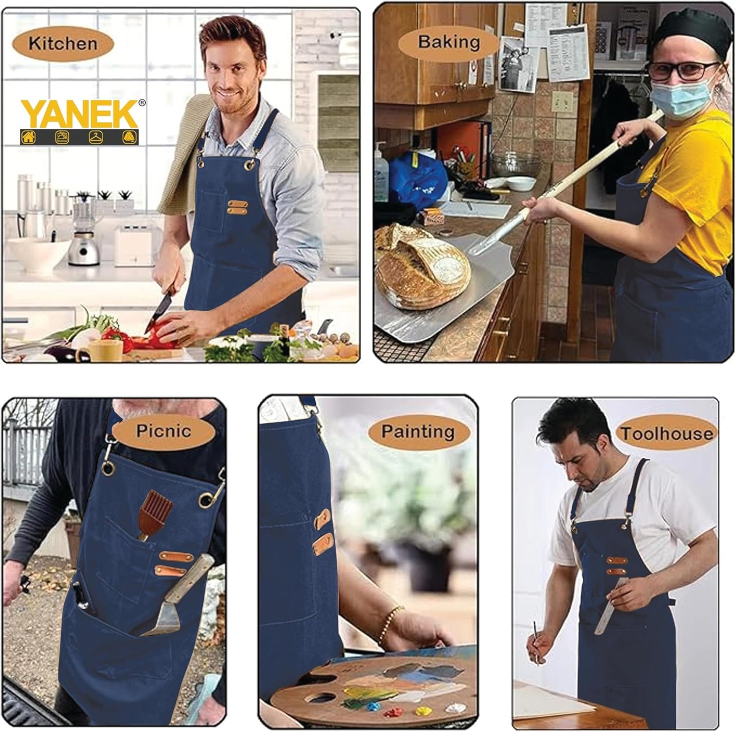 YANEK Chef Apron Cotton Canvas Cross Back Adjustable Apron with 3 Pockets Waterdrop Resistant | for Chef, Artist Painting, Baker, Barista, Bartender, Restaurant, BBQ Aprons for Unisex