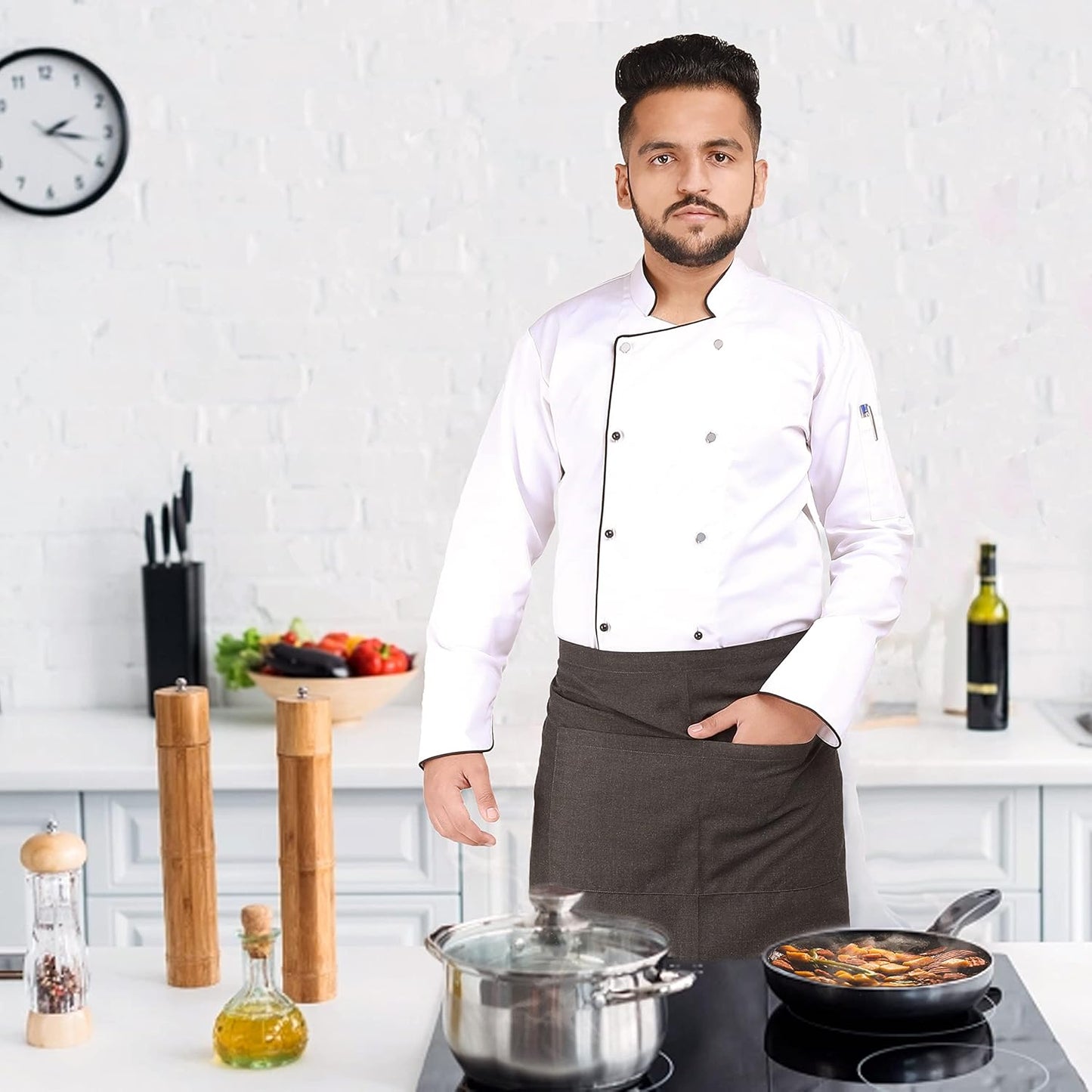 YANEK Kitchen Short Apron | Unisex | Chef Kitchen Adjustable Bib Apron with Pockets & Adjustable Tie Rope | For Home, Restaurant, Café, Hotel, Bakery, Salon