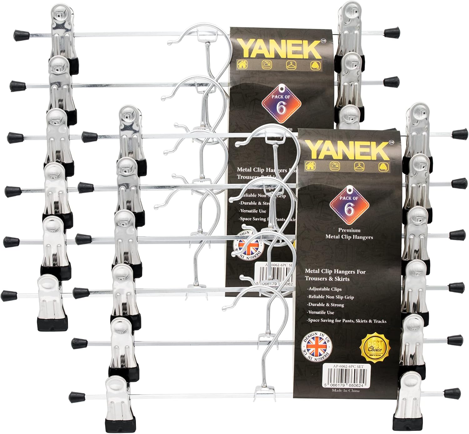 YANEK Pants & Skirt Hangers | With Adjustable Metal Clips | Space Saving (3, 12 Inch)