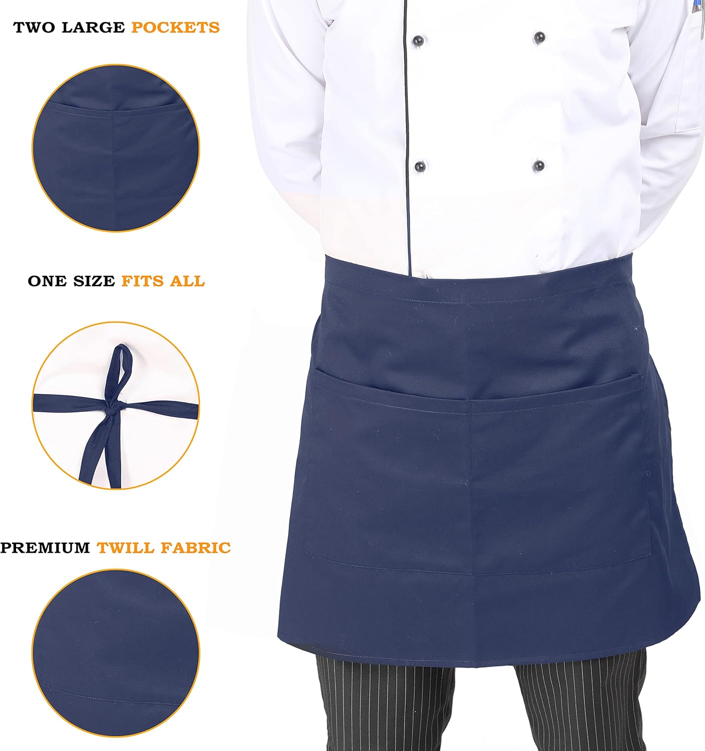YANEK Kitchen Short Apron | Unisex | Chef Kitchen Adjustable Bib Apron with Pockets & Adjustable Tie Rope | For Home, Restaurant, Café, Hotel, Bakery, Salon