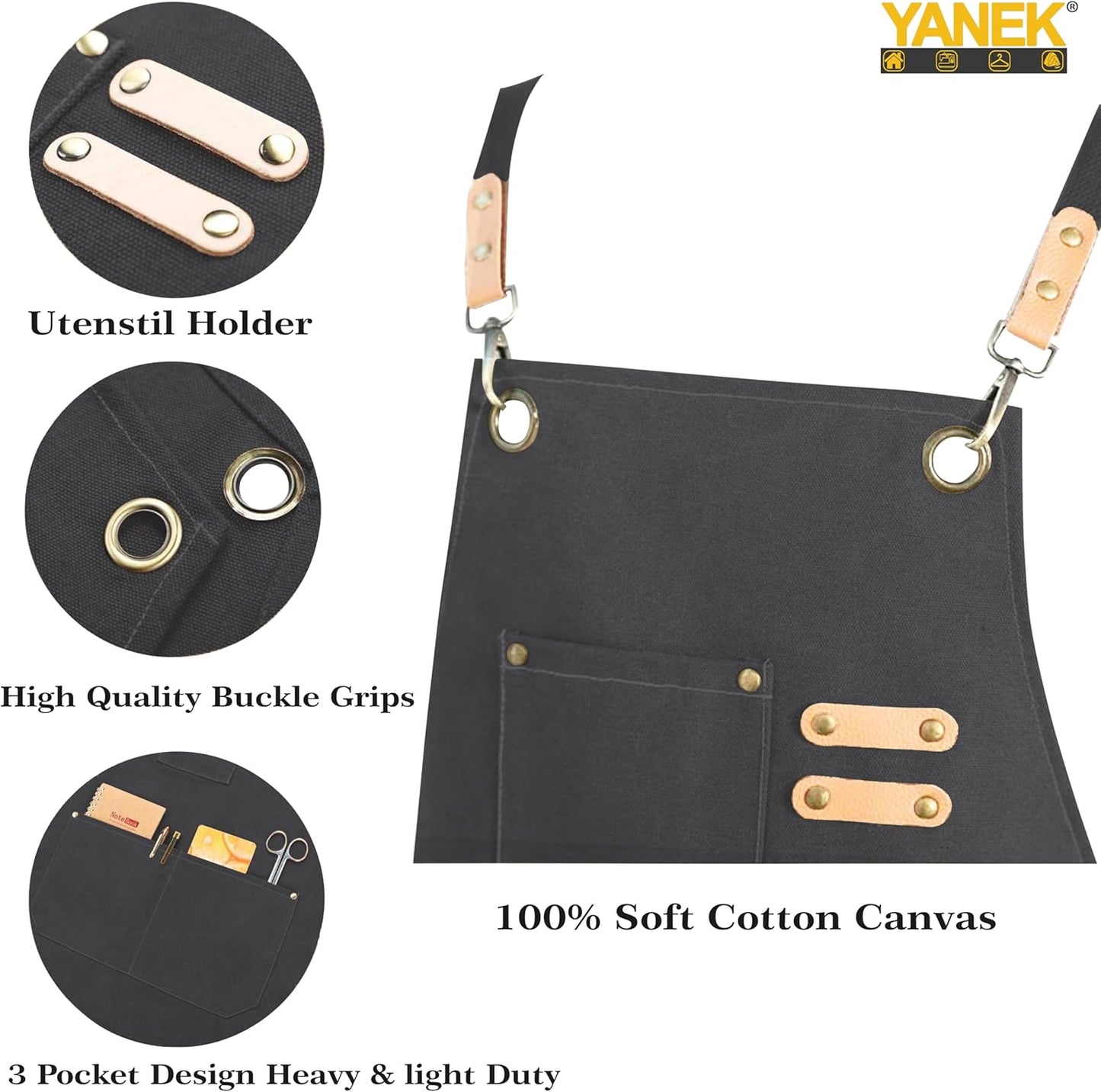 YANEK Chef Apron Cotton Canvas Cross Back Adjustable Apron with 3 Pockets Waterdrop Resistant | for Chef, Artist Painting, Baker, Barista, Bartender, Restaurant, BBQ Aprons for Unisex
