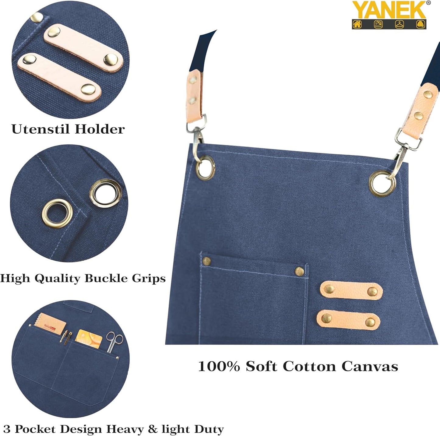 YANEK Chef Apron Cotton Canvas Cross Back Adjustable Apron with 3 Pockets Waterdrop Resistant | for Chef, Artist Painting, Baker, Barista, Bartender, Restaurant, BBQ Aprons for Unisex
