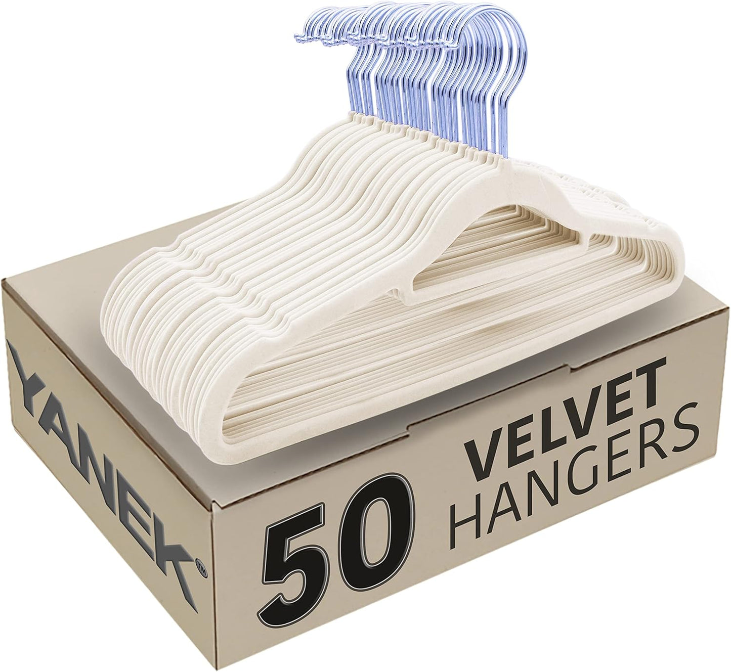 YANEK Non-Slip Velvet Hangers | Ultra Thin | Heavy Duty | 360° Rotating Hook | For Suit, Dress, Shirts (White, 50)