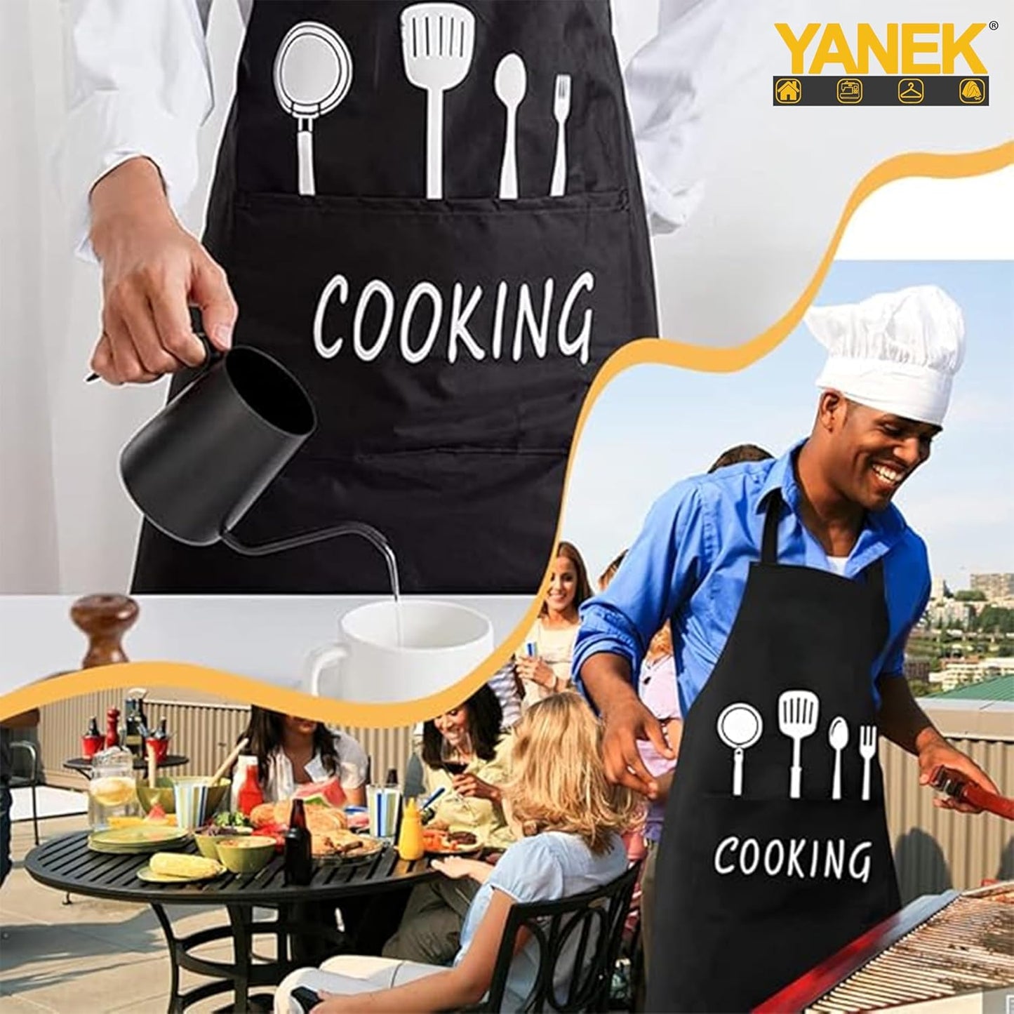 Yanek 2-Pack Adjustable Kitchen Aprons with Pockets – Waterproof, Oil-Proof Chef Bib Aprons with Adjustable Neck Strap, Perfect for Cooking, Baking, Grilling, and Household Use (White, Black)