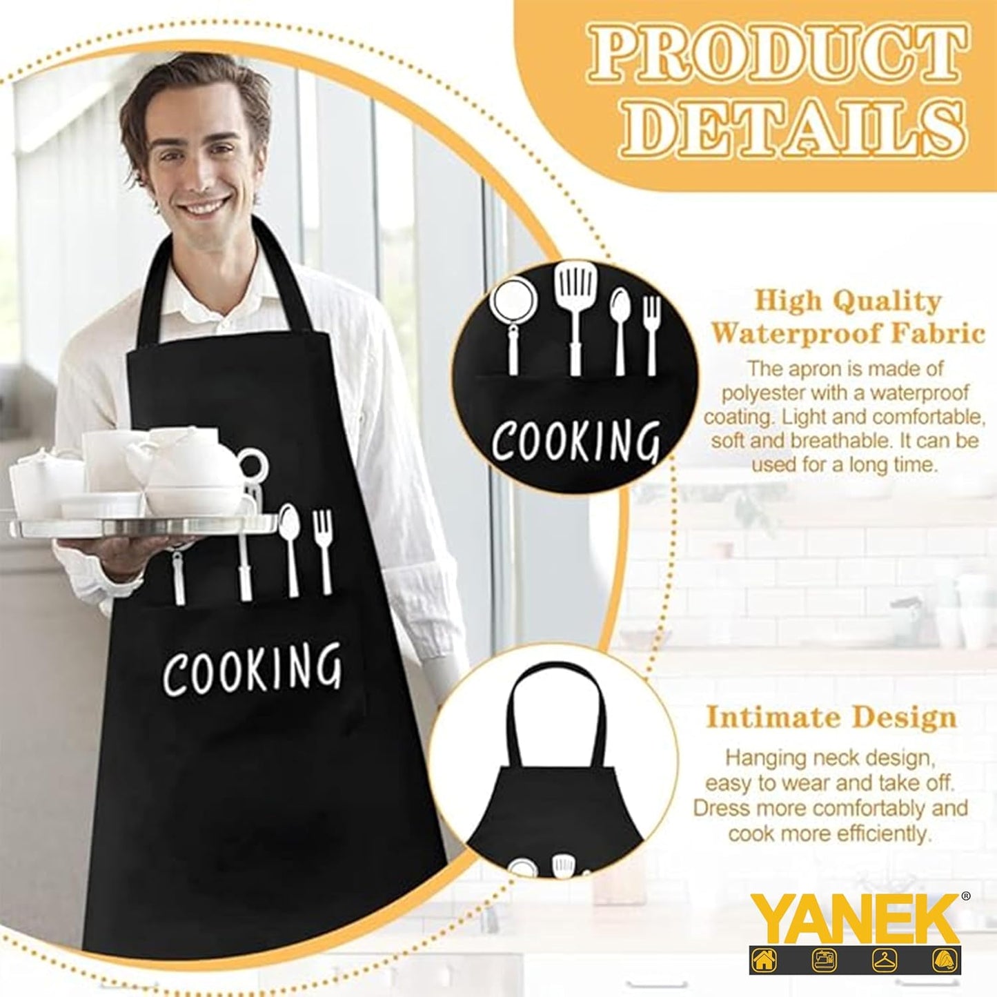 Yanek 2-Pack Adjustable Kitchen Aprons with Pockets – Waterproof, Oil-Proof Chef Bib Aprons with Adjustable Neck Strap, Perfect for Cooking, Baking, Grilling, and Household Use (White, Black)