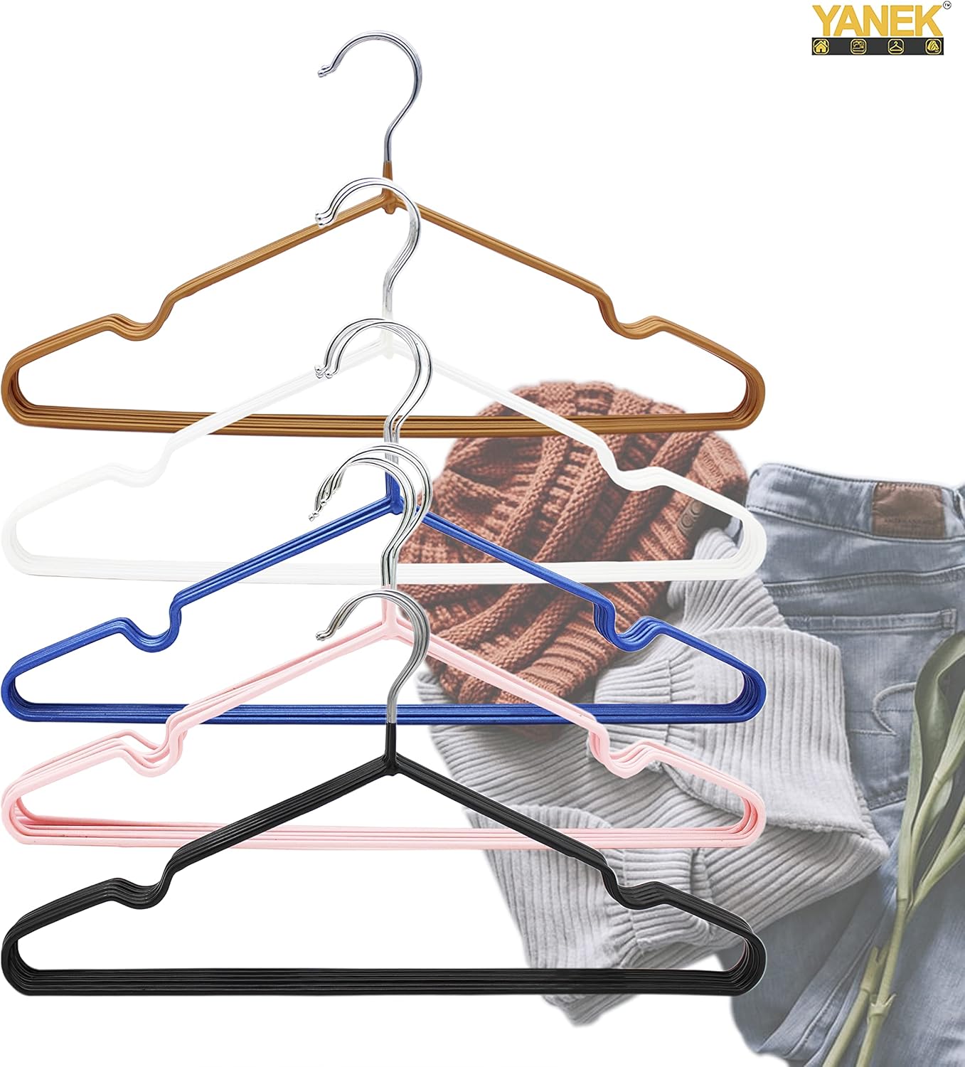 YANEK Metal Hangers | For Shirt, Coat, Trousers | Strong, Anti Slip & Space Saving | Rubber Coated, 40 CM (Black, 50)