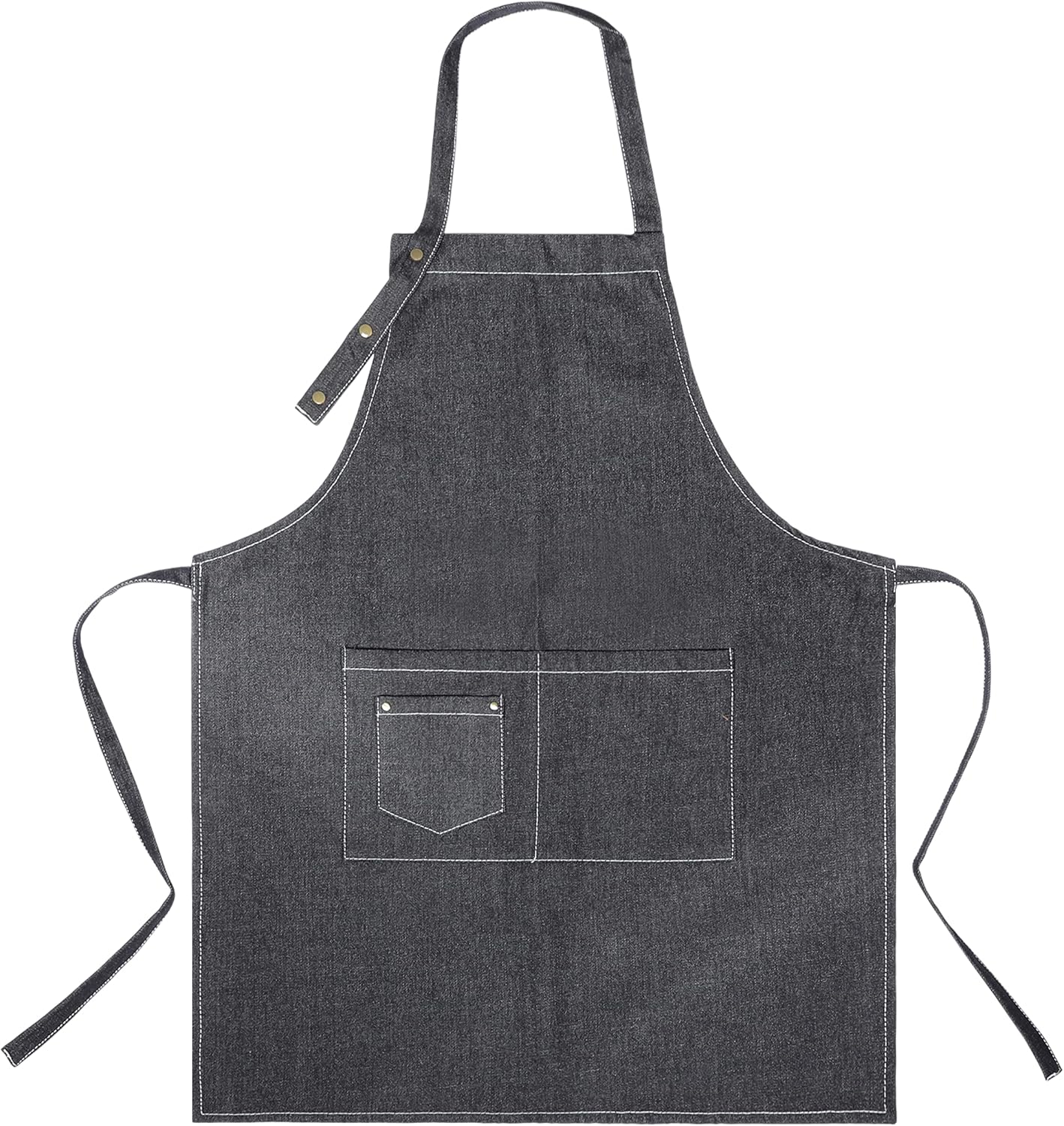 YANEK Unisex Denim Long Chef Apron with Pockets | Barista Cotton Apron for Home, Kitchen, BBQ, Coffee Shop | Three Pockets, Adjustable Straps with Rivets