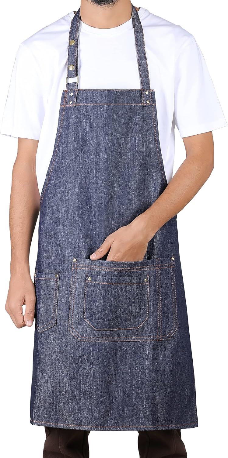 YANEK Unisex Denim Long Chef Apron with Pockets | Barista Cotton Apron for Home, Kitchen, BBQ, Coffee Shop | Three Pockets, Adjustable Straps with Rivets