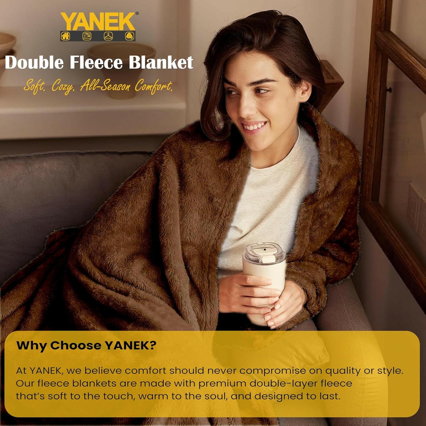 Yanek Ultra-Soft Double Micro Fleece Flannel Blanket – 260 GSM Premium Quality, Super Plush, Warm & Cozy All-Season Throw Blanket for Bed or Couch,Generous Size 200 x 220 cm (BROWN).
