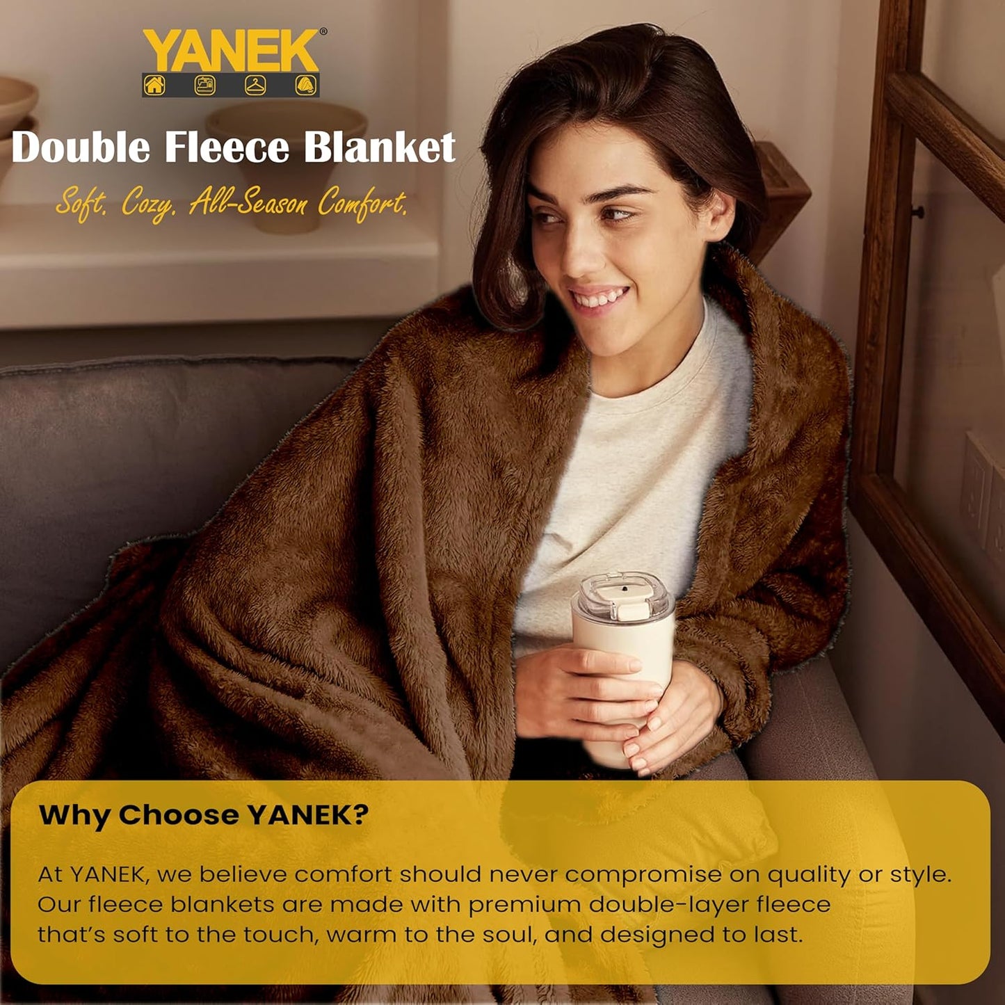 Yanek Ultra-Soft Double Micro Fleece Flannel Blanket – 260 GSM Premium Quality, Super Plush, Warm & Cozy All-Season Throw Blanket for Bed or Couch,Generous Size 200 x 220 cm (BROWN)
