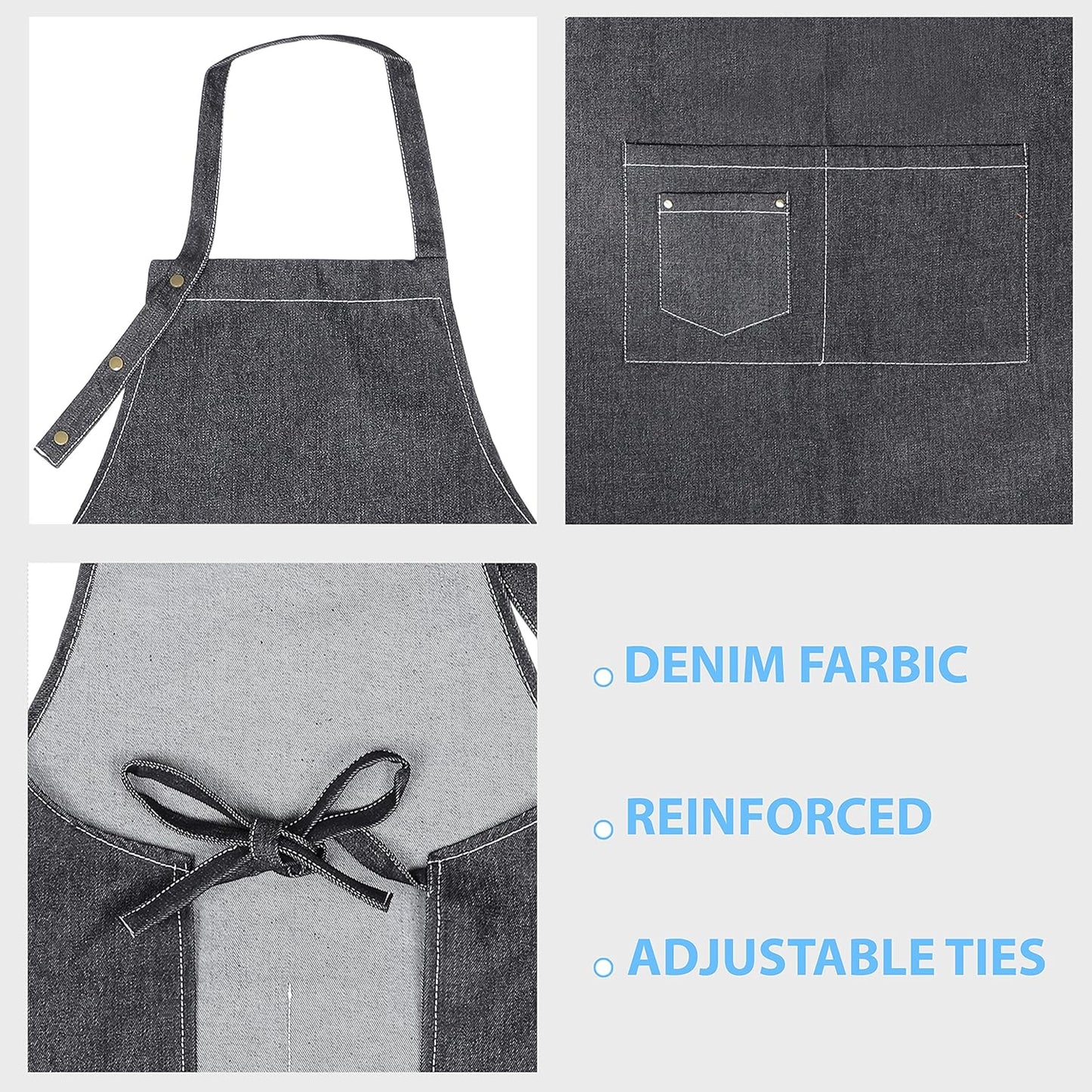 YANEK Unisex Denim Long Chef Apron with Pockets | Barista Cotton Apron for Home, Kitchen, BBQ, Coffee Shop | Three Pockets, Adjustable Straps with Rivets
