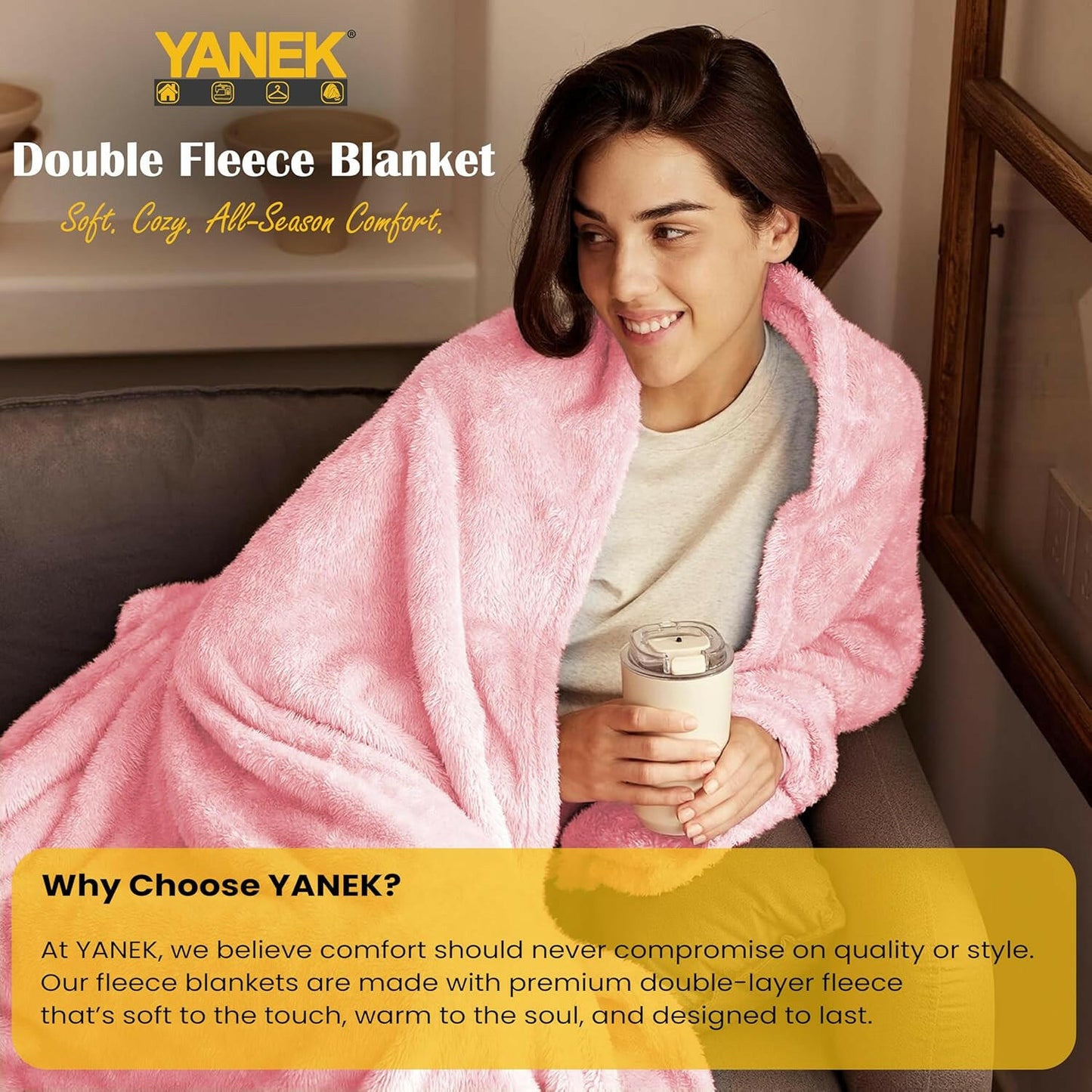 Yanek Ultra-Soft Double Micro Fleece Flannel Blanket – 260 GSM Premium Quality, Super Plush, Warm & Cozy All-Season Throw Blanket for Bed or Couch,Generous Size 200 x 220 cm (BROWN).