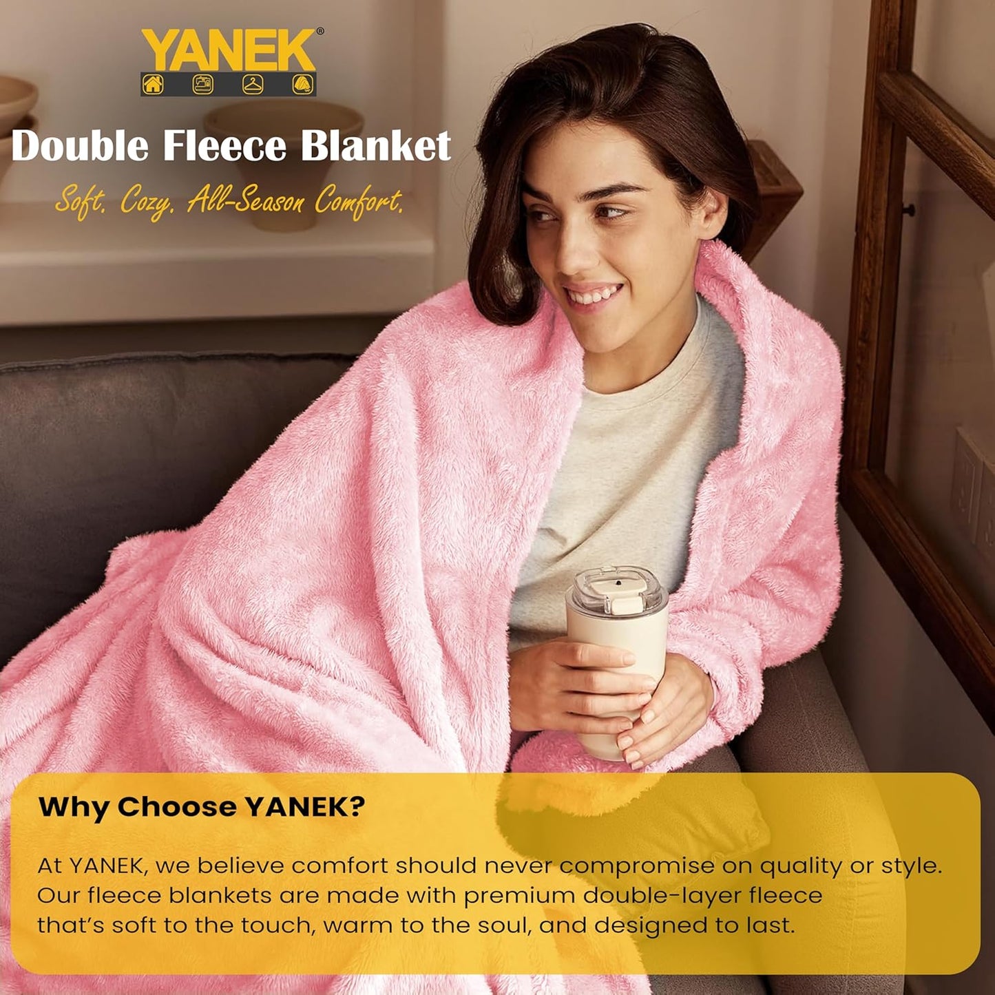 Yanek Ultra-Soft Double Micro Fleece Flannel Blanket – 260 GSM Premium Quality, Super Plush, Warm & Cozy All-Season Throw Blanket for Bed or Couch,Generous Size 200 x 220 cm (BROWN)