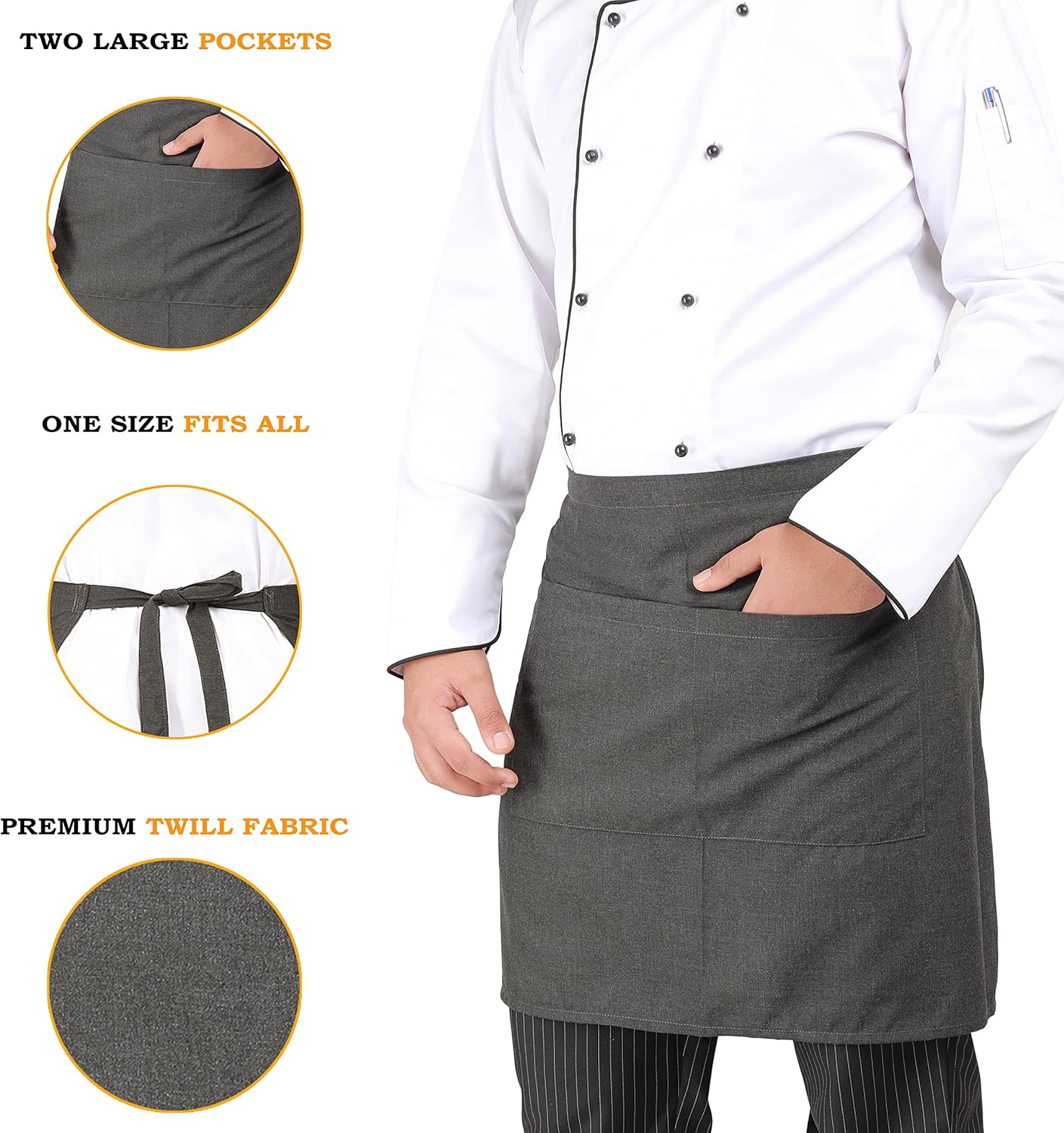 YANEK Kitchen Short Apron | Unisex | Chef Kitchen Adjustable Bib Apron with Pockets & Adjustable Tie Rope | For Home, Restaurant, Café, Hotel, Bakery, Salon