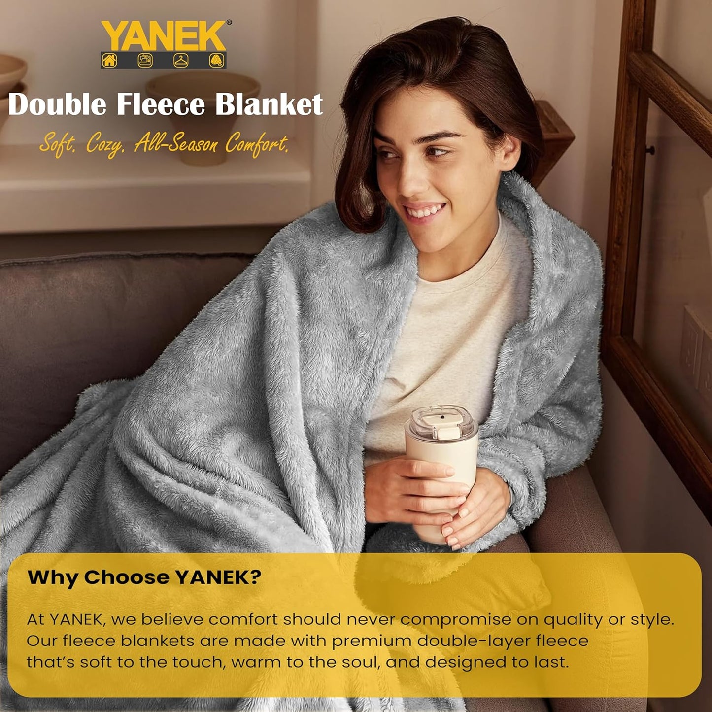Yanek Ultra-Soft Double Micro Fleece Flannel Blanket – 260 GSM Premium Quality, Super Plush, Warm & Cozy All-Season Throw Blanket for Bed or Couch,Generous Size 200 x 220 cm (BROWN)