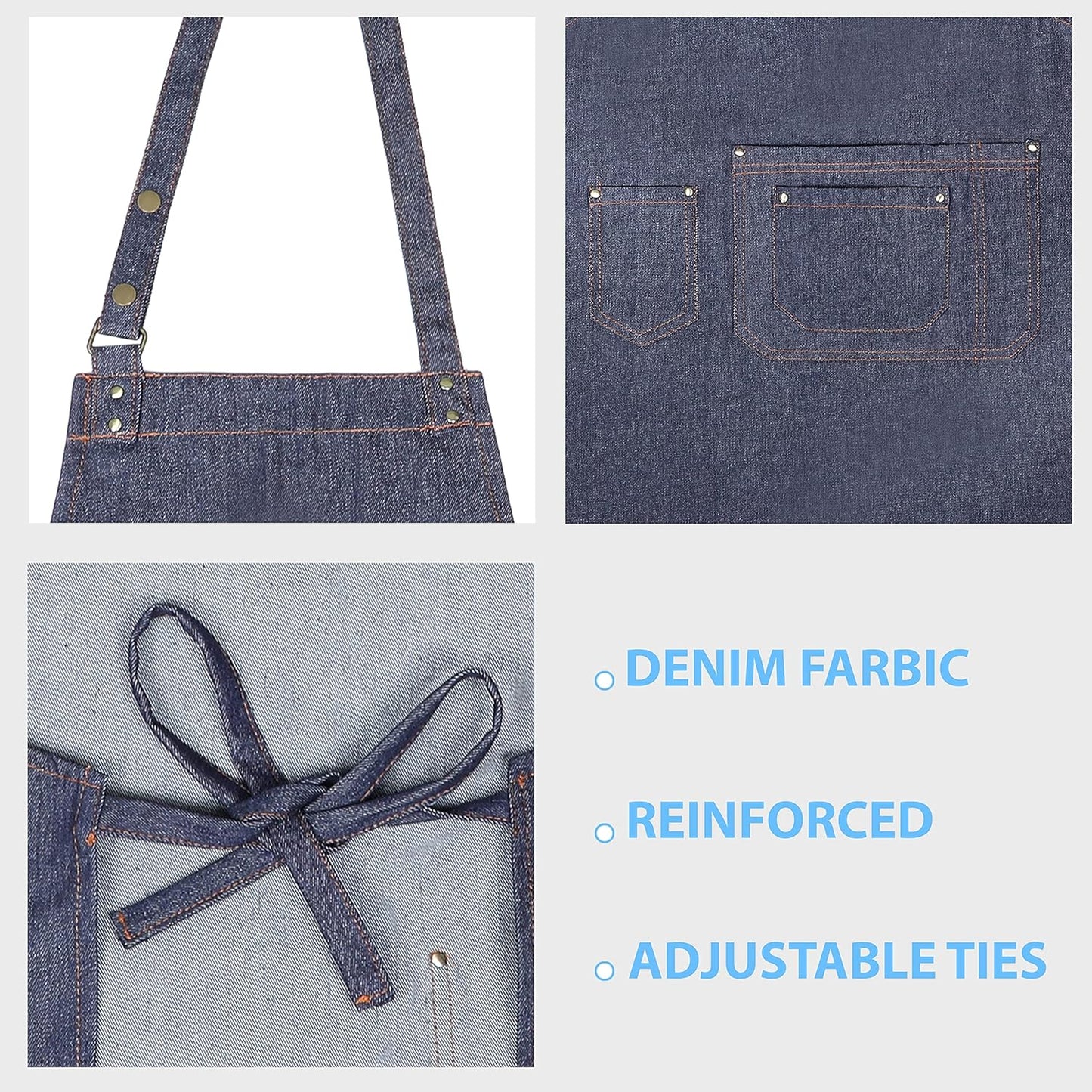 YANEK Unisex Denim Long Chef Apron with Pockets | Barista Cotton Apron for Home, Kitchen, BBQ, Coffee Shop | Three Pockets, Adjustable Straps with Rivets