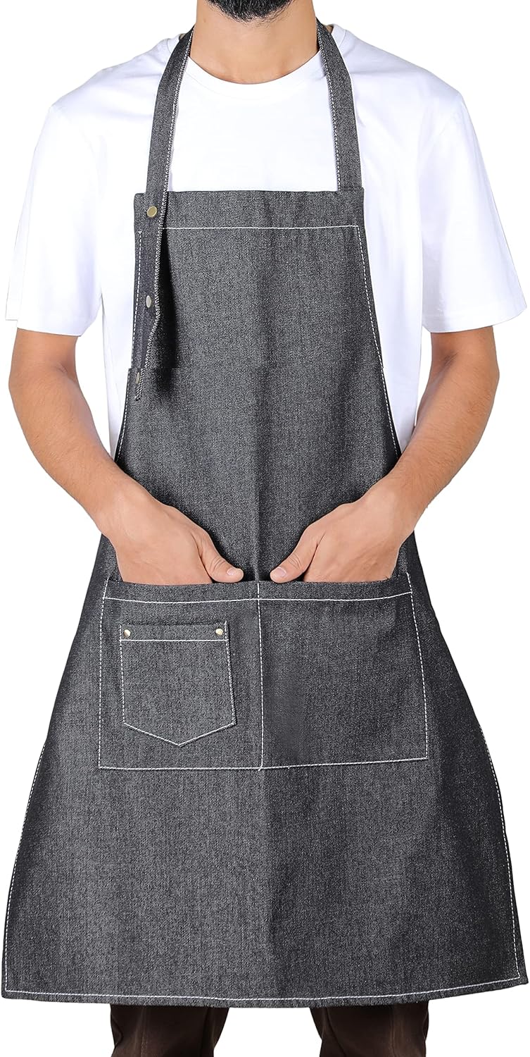 YANEK Unisex Denim Long Chef Apron with Pockets | Barista Cotton Apron for Home, Kitchen, BBQ, Coffee Shop | Three Pockets, Adjustable Straps with Rivets