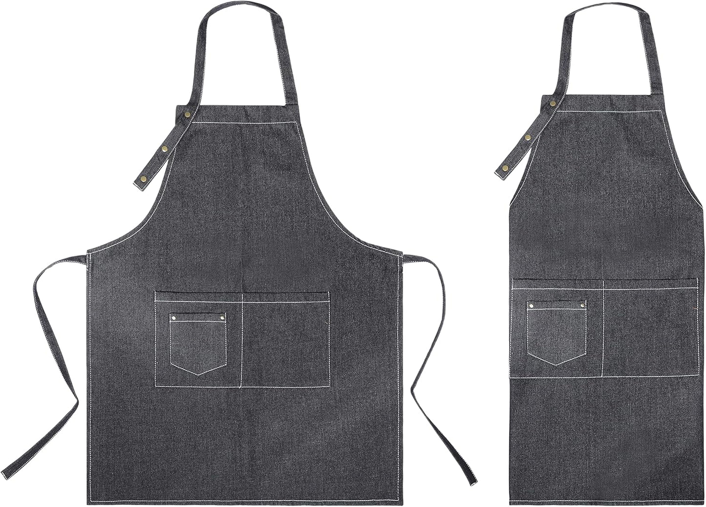 YANEK Unisex Denim Long Chef Apron with Pockets | Barista Cotton Apron for Home, Kitchen, BBQ, Coffee Shop | Three Pockets, Adjustable Straps with Rivets