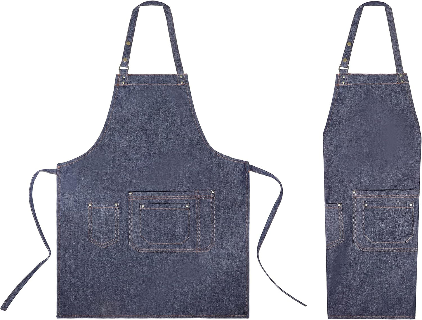 YANEK Unisex Denim Long Chef Apron with Pockets | Barista Cotton Apron for Home, Kitchen, BBQ, Coffee Shop | Three Pockets, Adjustable Straps with Rivets