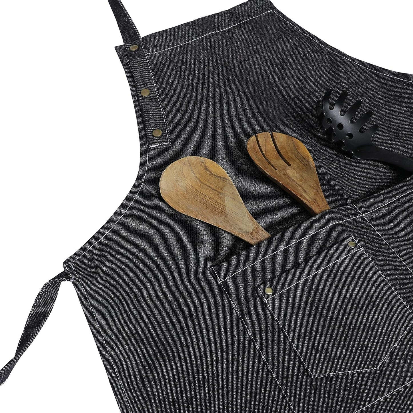 YANEK Unisex Denim Long Chef Apron with Pockets | Barista Cotton Apron for Home, Kitchen, BBQ, Coffee Shop | Three Pockets, Adjustable Straps with Rivets