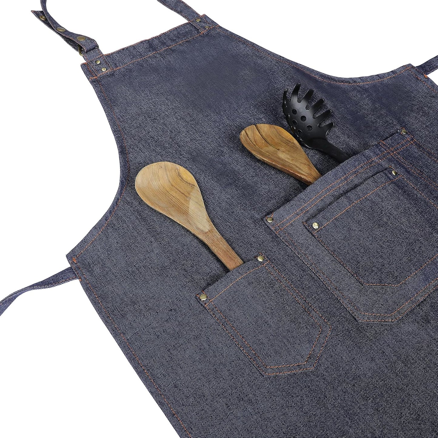 YANEK Unisex Denim Long Chef Apron with Pockets | Barista Cotton Apron for Home, Kitchen, BBQ, Coffee Shop | Three Pockets, Adjustable Straps with Rivets