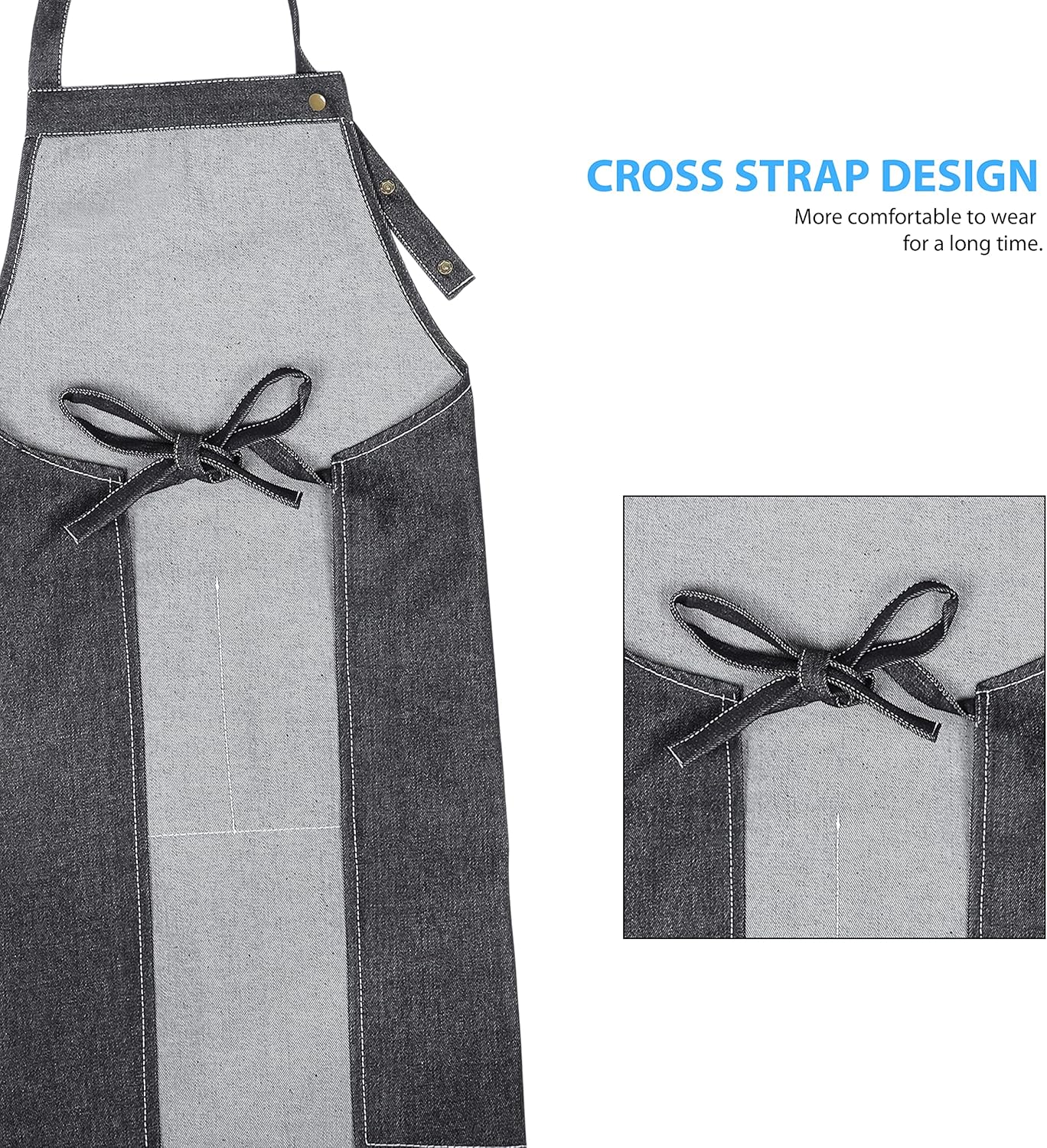 YANEK Unisex Denim Long Chef Apron with Pockets | Barista Cotton Apron for Home, Kitchen, BBQ, Coffee Shop | Three Pockets, Adjustable Straps with Rivets